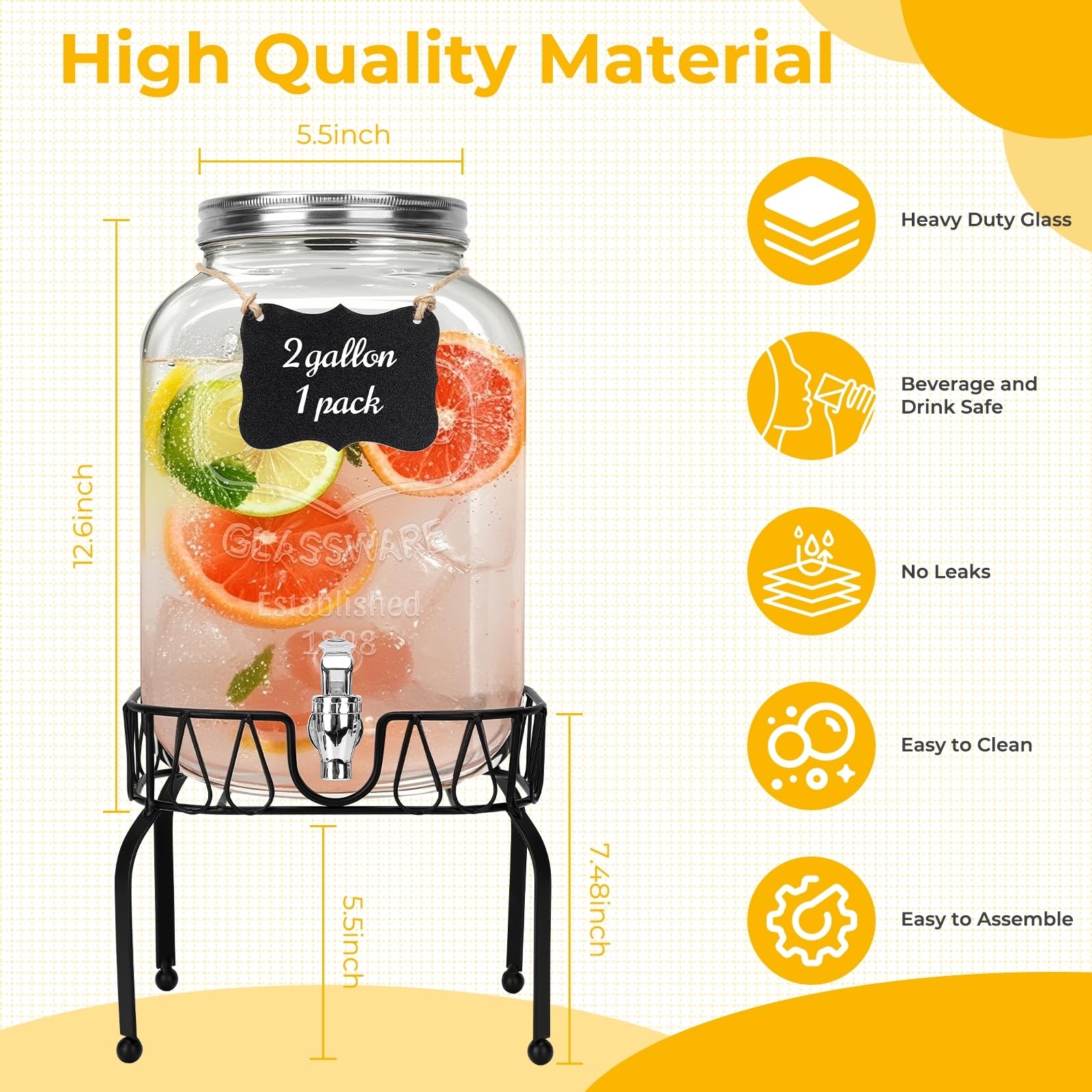 DHSBTLS Dispensadores de bebidas de vidrio de 2 galones, 1 paquete de dispensador de bebidas transparente para fiestas, barbacoas y picnics, dispensador de jugo con núcleo de hielo, soporte negro