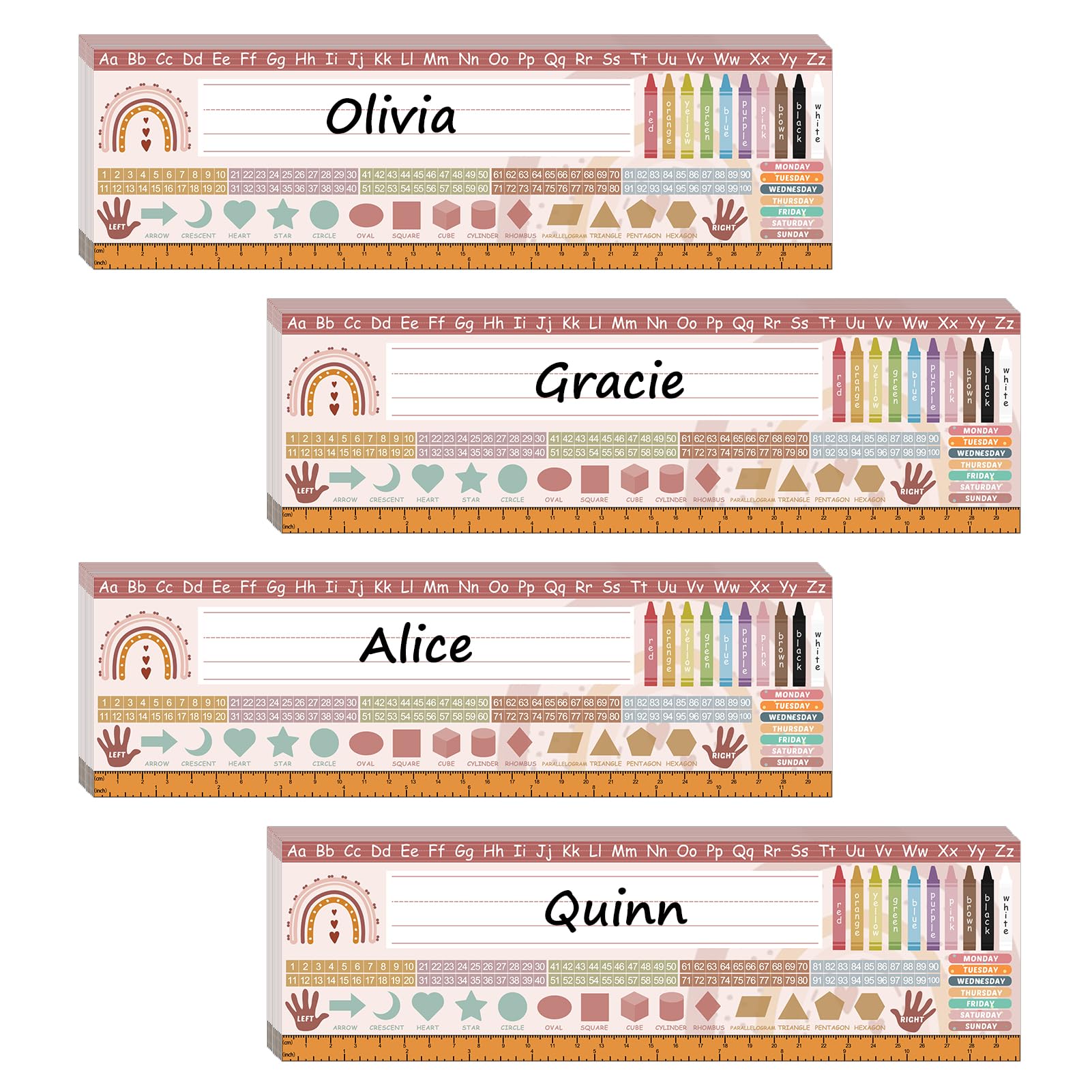 48 Pcs Boho Rainbow Desk Name Tags, Multipurpose Name Plates Alphabet Multiplication Desk Plate for Kids Pre Kindergarten to Primary School (3.5 x 11.8 Inch) with Alphabet, Colors, Shapes, Numbers