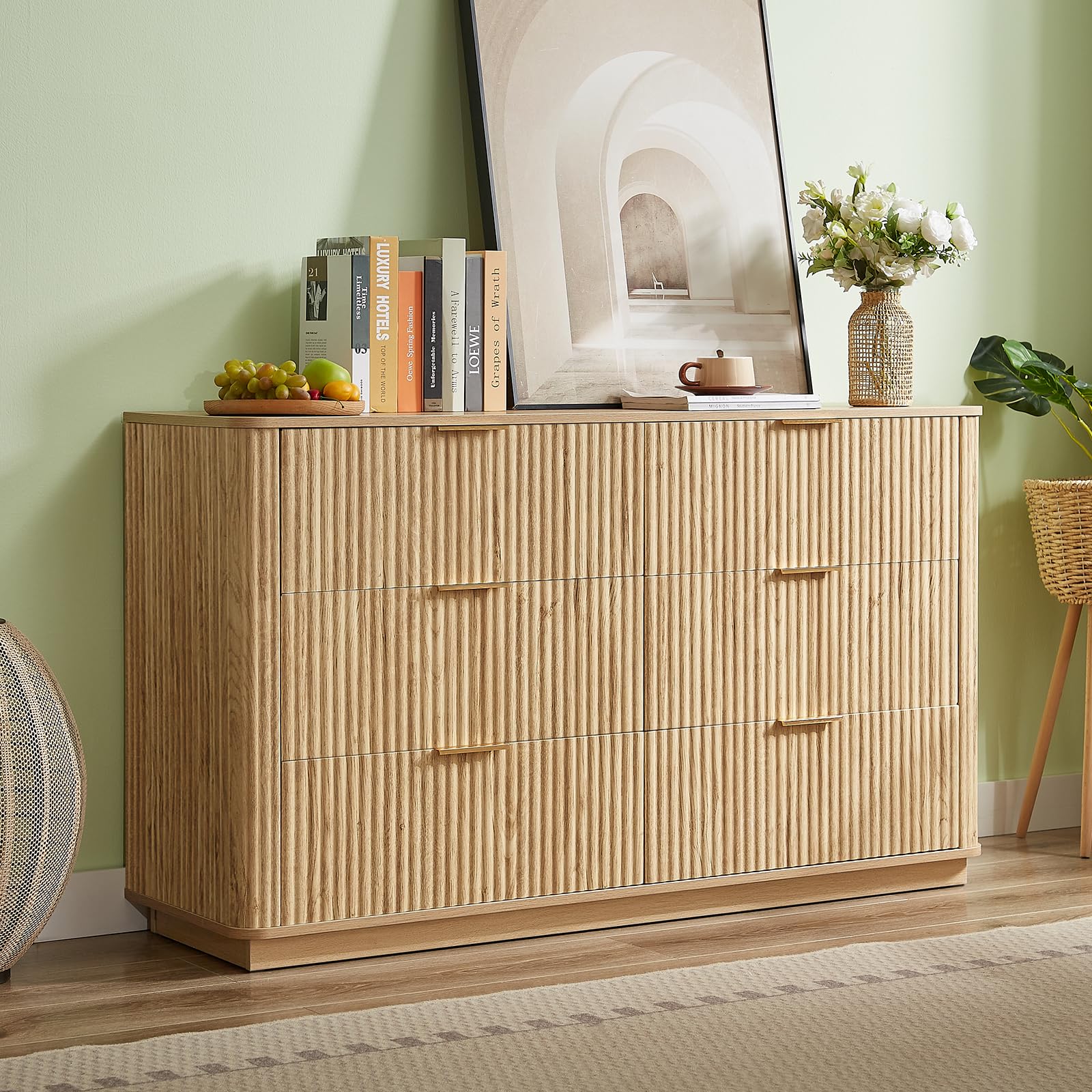 Evermagin 55" Oak Fluted Dresser with 6 Drawers for Bedroom, Long Dresser TV Stand with Metal Handle, Wooden Modern Chest of Drawers with Curved