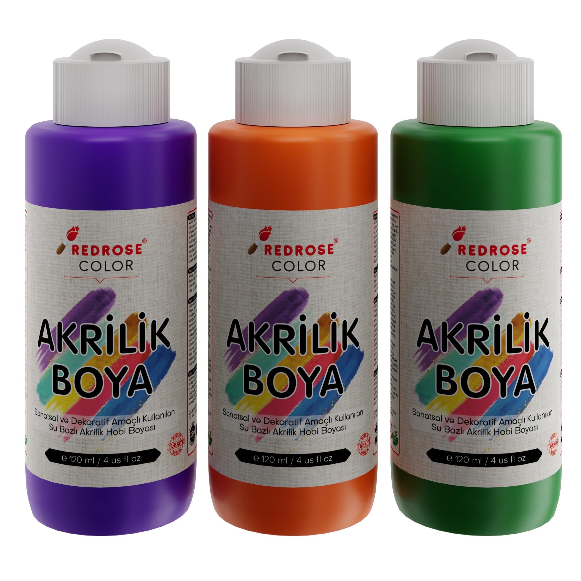 Red Rose Yeşil, Mor, Turuncu Akrilik Boya 3'lü Set 3x120 ml