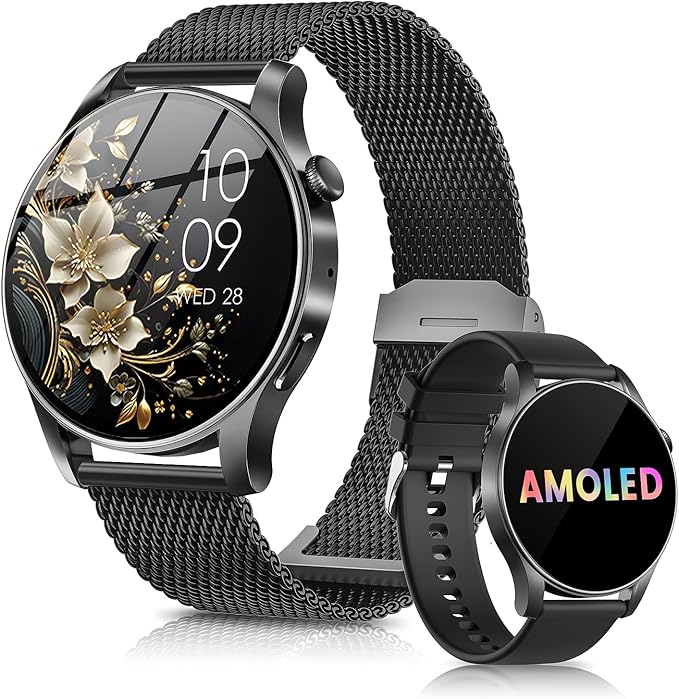 Rmana Reloj Inteligente Mujer Hombre, 2025 Smartwatch 1.43" AMOLED Llamadas Bluetooth, 2 Correas, 100+ Modos Deportivos, Asistente de Voz, IP67 Impermeable Smart Watch para Android iOS(Negro)