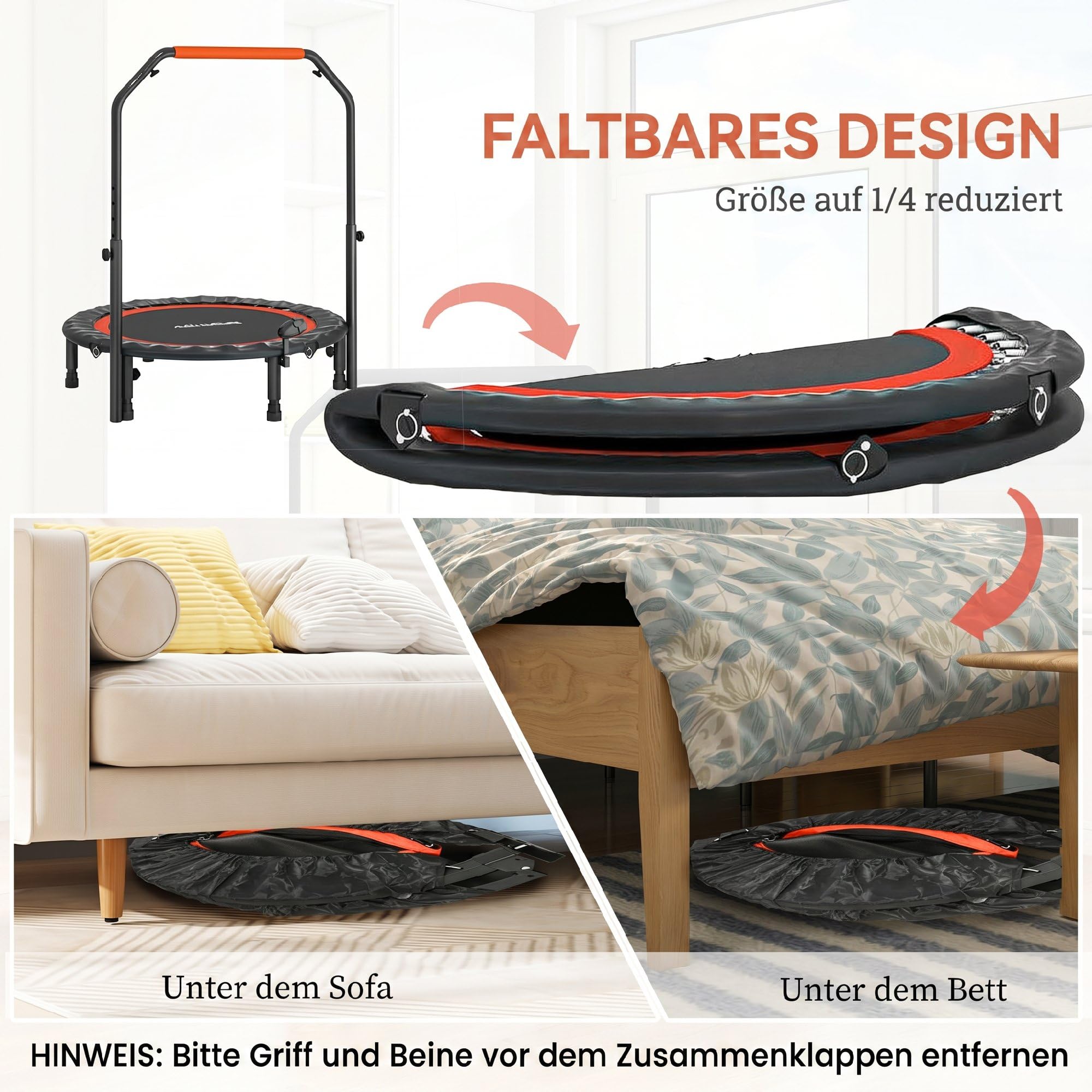 SPORTNOW 102 cm Fitness-Trampolin mit LCD-Monitor, Faltbar Mini-Trampolin für Erwachsene, Fitness-Rebounder mit 4-Fach Höhenverstellbarer Haltegriff, bis 150 kg
