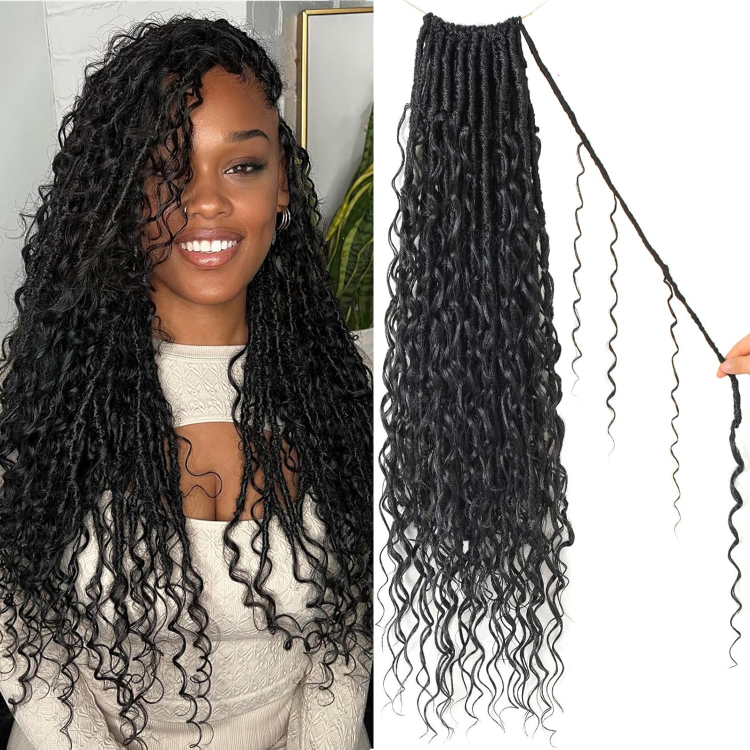 FALEMEI Boho Locs Crochet Hair 24 Inch Goddess Braids Crochet Hair for Black Women 8 Packs Boho Faux Locs With Curly Ends Pre Looped Bohemian(1B#