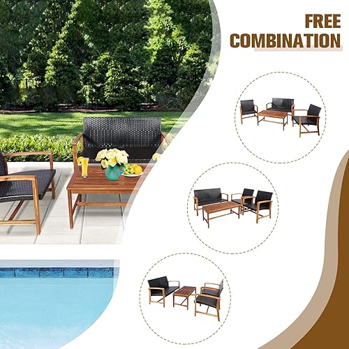 Miniatura 7 de Tangkula 8-Piece PE Rattan Patio Furniture Set, Outdoor Conversation Set with Solid Acacia Wood, Outdoor Bistro Set with 1 Coffee Table, 1 Loveseat
