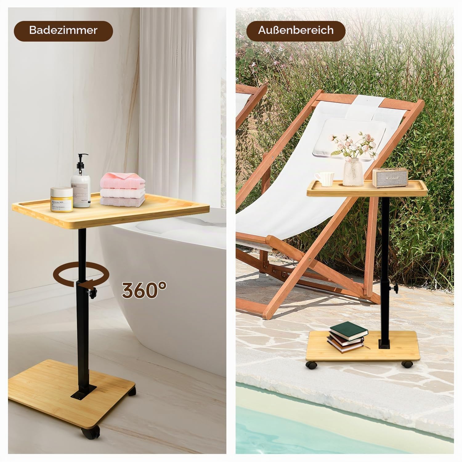 Beistelltisch C Form Bambus Metall Modern Höhenverstellbar mit Rollen, Tisch Klein Side Table Kaffeetisch Betttisch Sofatisch Couchtisch Nachttisch Pflegetisch für Wohnzimmer