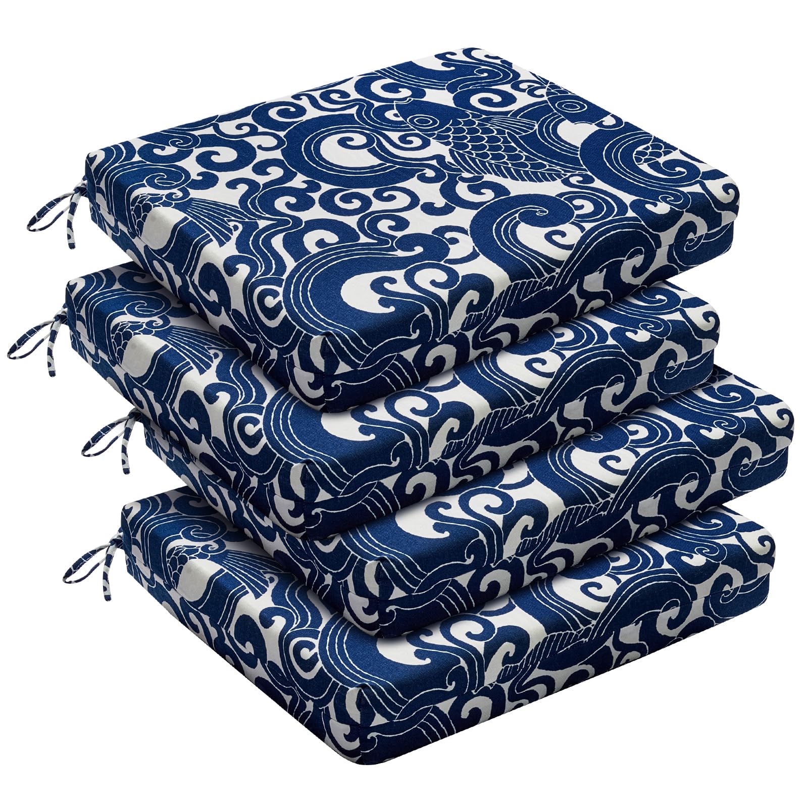 downluxe Outdoor Chair Cushions Set of 4 for Patio Furniture, Waterproof Square Corner Patio Chair Cushions with Ties, Memory Foam Outdoor Seat Cushion, 18.5" X 16" X 3", Blue Carp