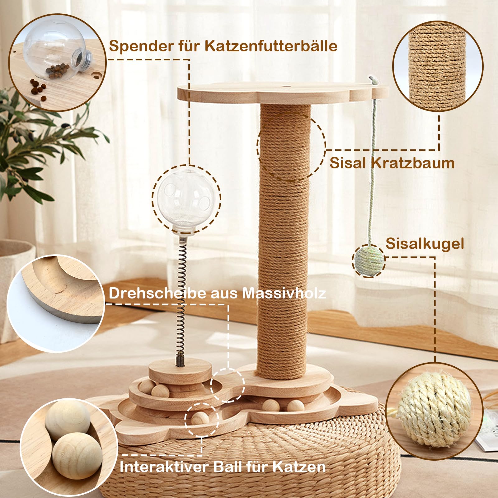 4 IN 1 Kratzsäule für Katzen, Hölz Katzenkratzbaum Sisalseil Katzenspielzeug mit Hängendem Ball, Leckerli Ball, Lagiger Drehteller, Futterkugel Intelligenzspielzeug für Wohnungskatzen