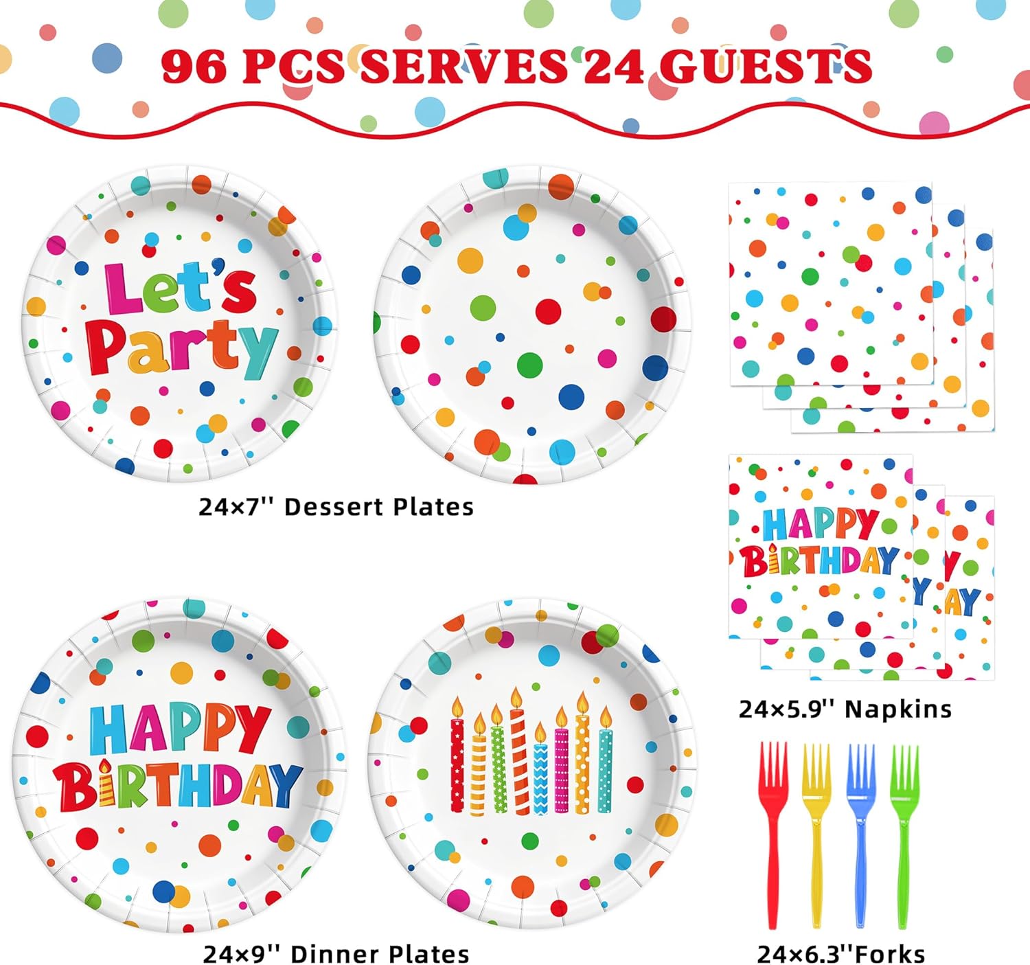 96 Pcs Happy Birthday Paper Plates Tableware Set (Serves 24), Birthday Dots Dots Design Supplies Set Include Plates Napkins Forks for Party - Image 4