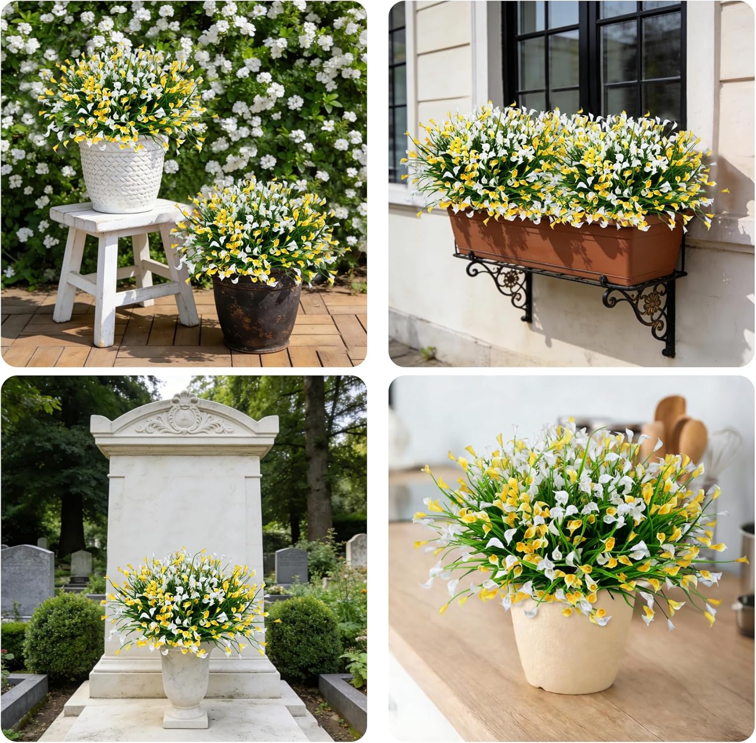 12 Bundles Calla Lily Artificial Flowers for Outdoors, UV Resistant Faux Plastic Flowers for Home Porch Yards, Fake Plants for Spring Summer Cemetery Decor (Yellow White) - Image 8