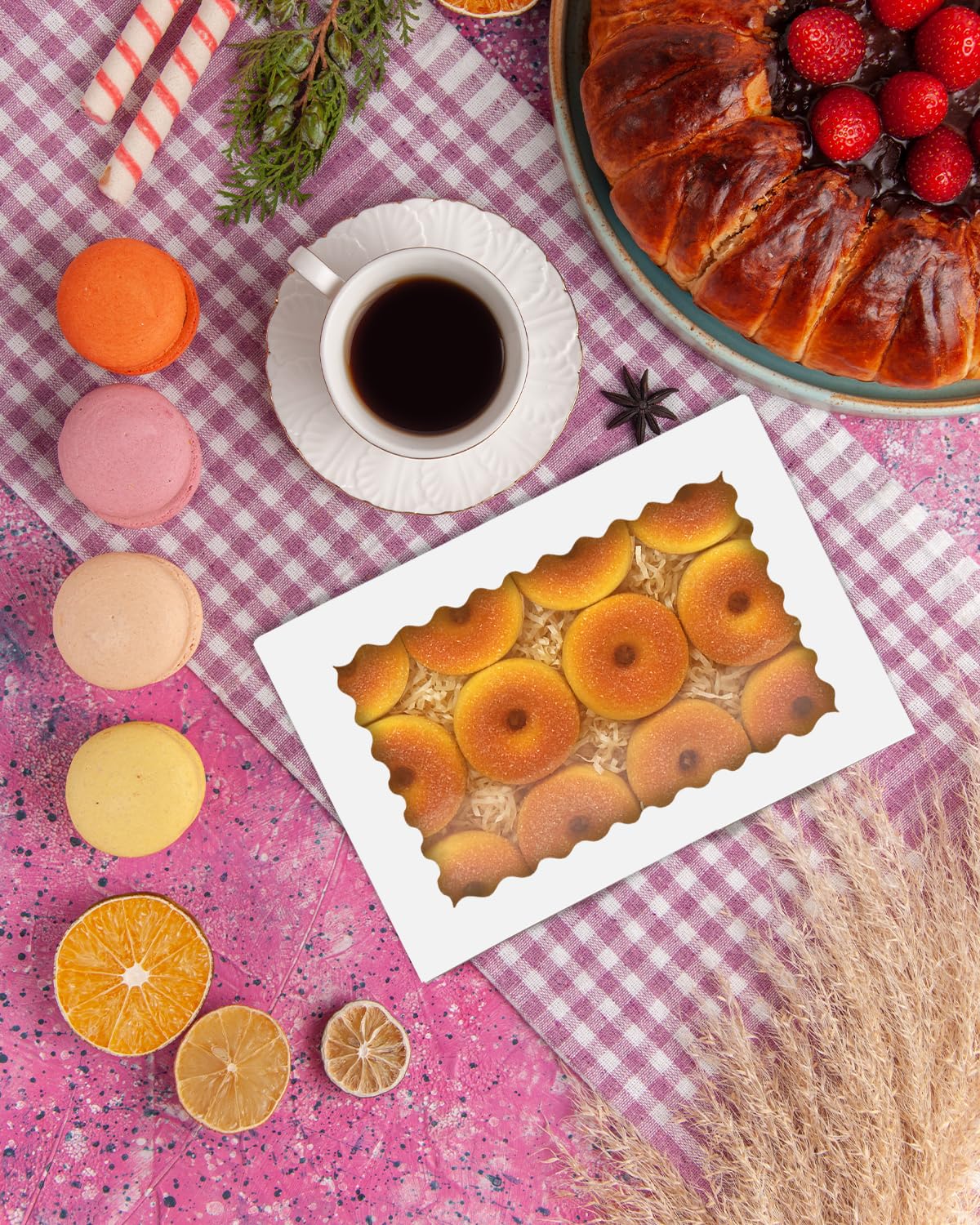 qiqee Caja de galletas blanca autoemergente con ventana de 14 x 10 x 2.5 pulgadas, 24 unidades, para panadería, pastelería, macarón, caja de panadería para embalaje