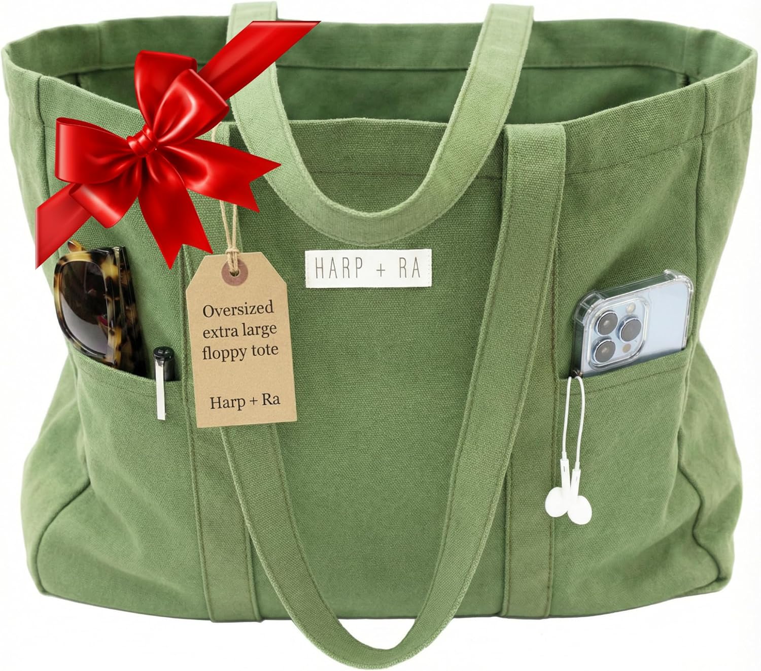 Harp + Ra Oversized Large Canvas Tote bag for Women - Open Top, Laptop Sleeve, Pockets - no zipper - Best gift for Women