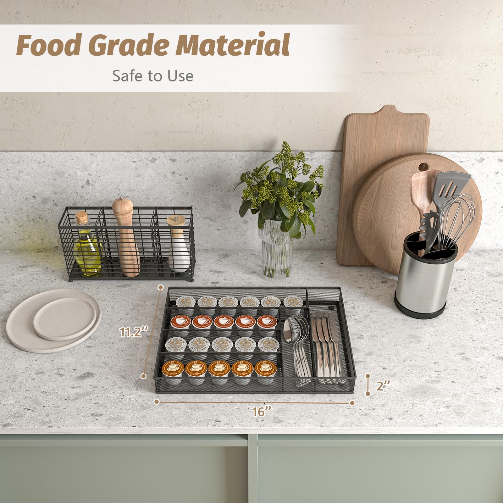 Organizador de cubiertos de malla de metal, organizador de cajones grandes, bandeja de cubiertos para cajones de cocina, organizador de cubiertos con 6 compartimentos, negro (11.3 x 16 7