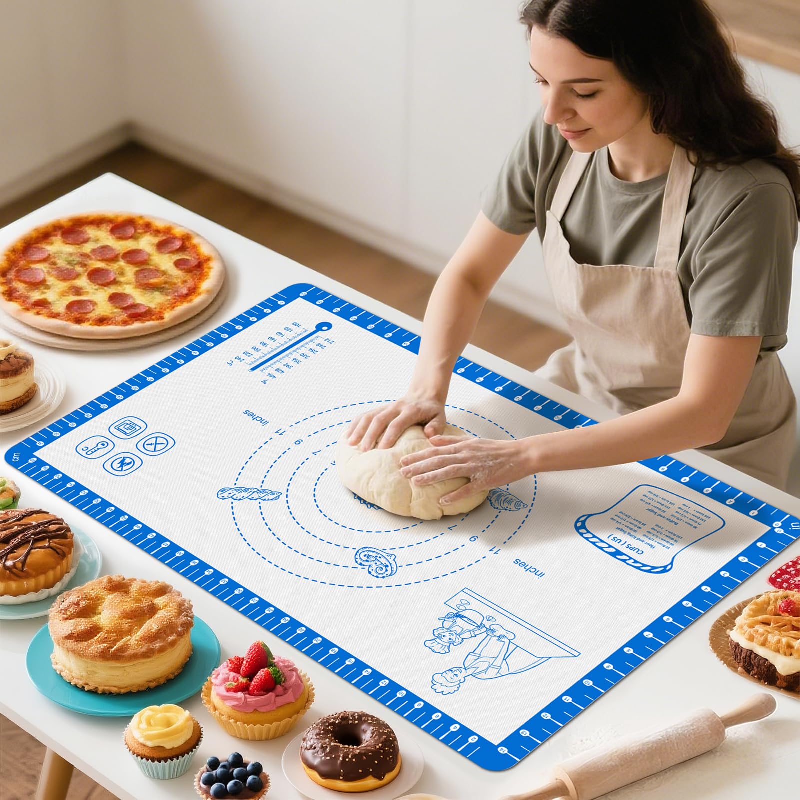 Silikon-Backmatte mit 10 Rezepten, Silikon-Macaron-Backblech für Kekse, Pizza, Surdough, Gebäck, Teig, nicht streichend und 250 °C, ofenfest
