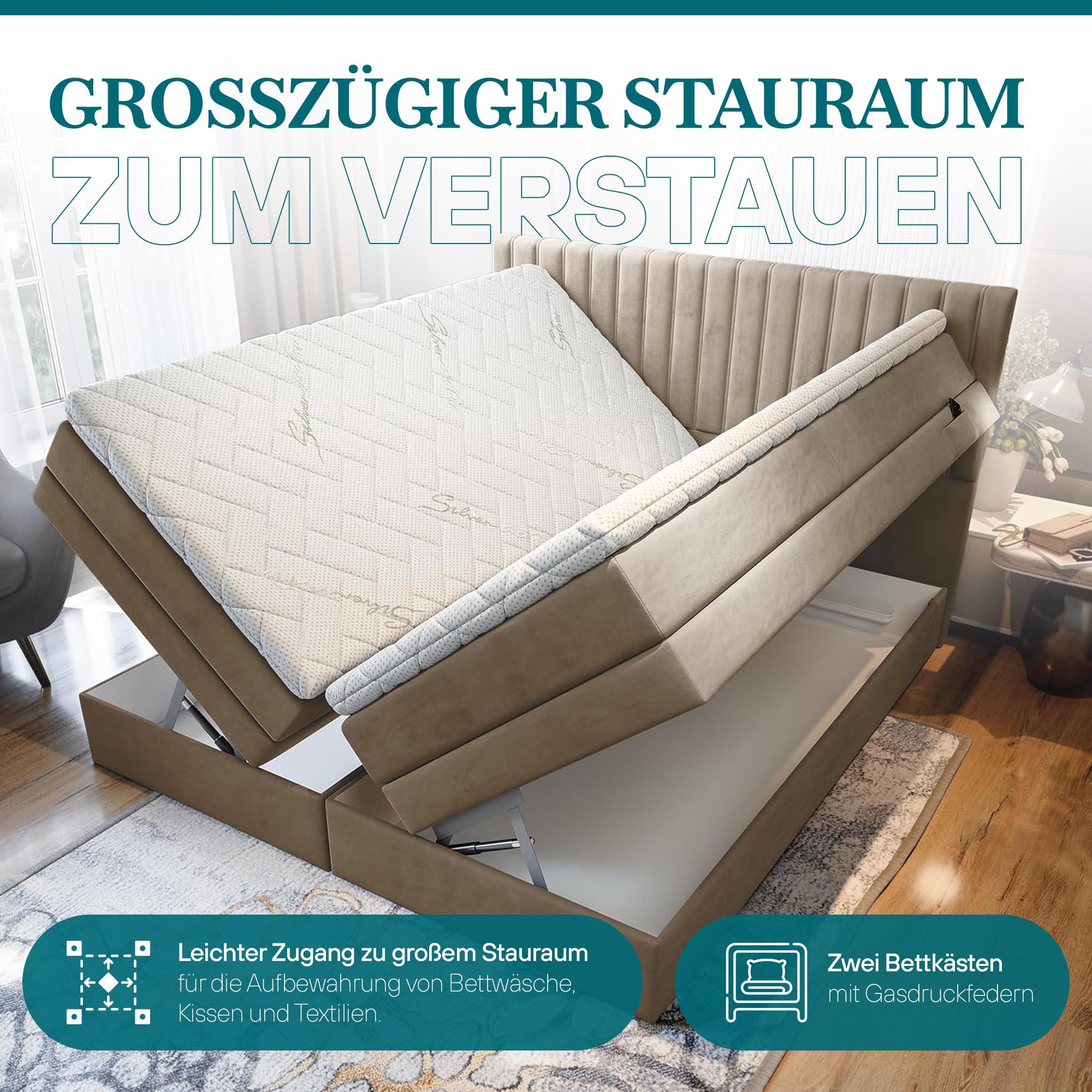 TRADA Boxspringbett ADÈLE 180x200 cm, elektrisch Bett mit Matratze + Tooper | Stoffbezug Veloursstoff, Bettkasten mit Gasautomaten, Beige