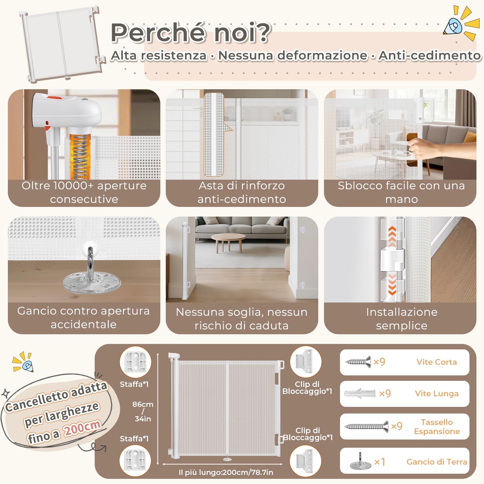 Ycozy Cancelletto per Bambini Scale Senza Foratura 0-200cm Cancelletto per Cani con Barra di Supporto，Retrattile Cancello Bambini Adatto per Scale Interni Esterni