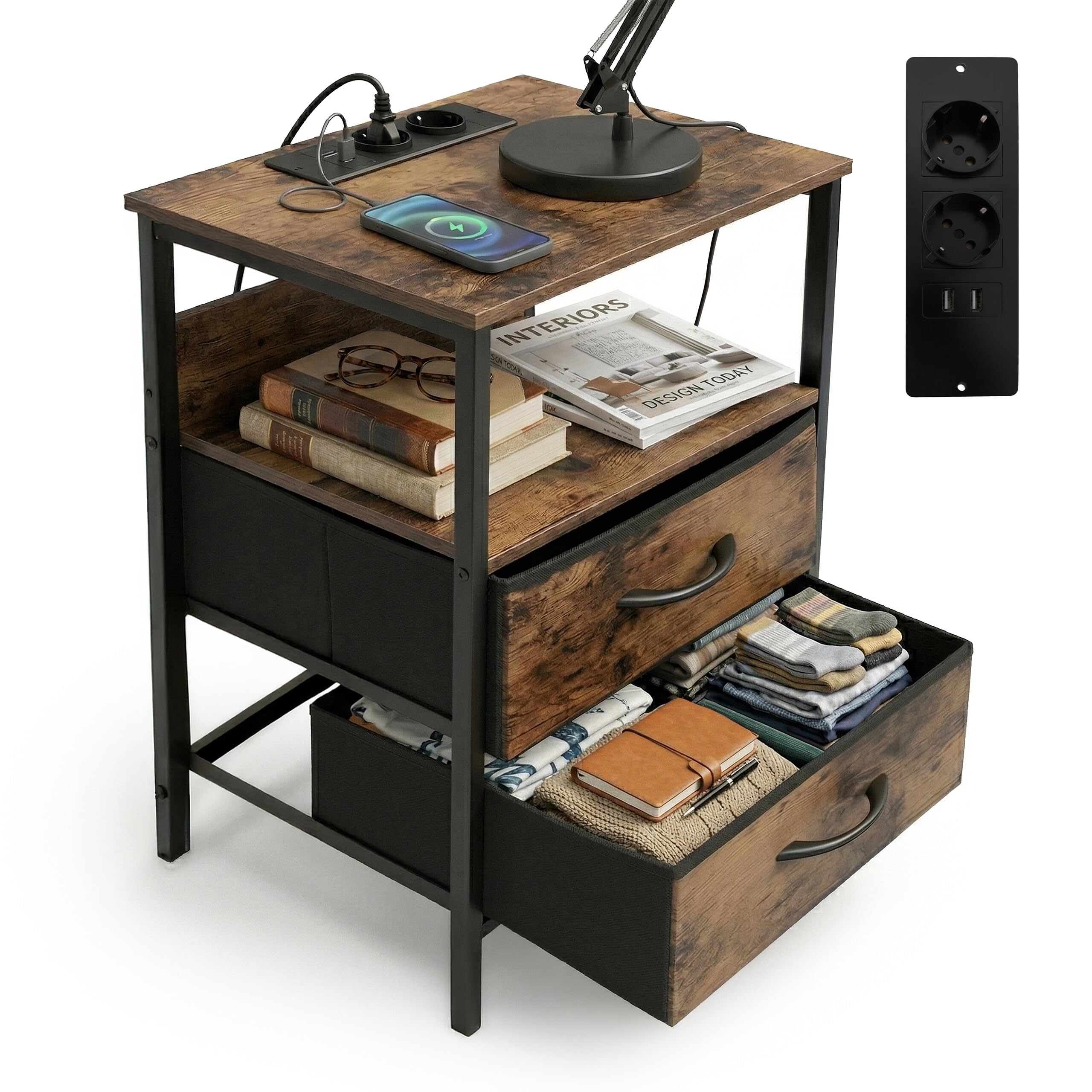 Relaxdays Tavolino con Prese elettriche e Porte USB, 2 cassetti, HxLxP: 60 x 40 x 30 cm, Comodino