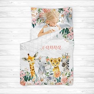 Personalized Toddler Nap Mat with Pillow Case and Blanket, Custom Name Floral Animals Sleeping Bags for Girls, Slumber Bags for Preschool, Daycare or Kindergarten, Travel Toddler Sleep Sack