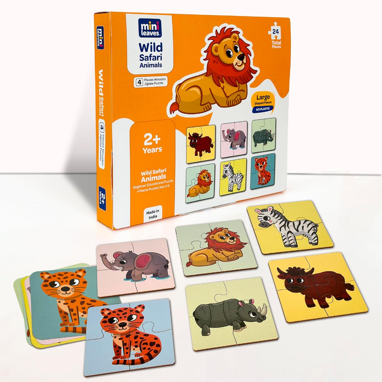 Mini Leaves 4 Piece Wooden Puzzle for Kids – Set of 6 Wild Animals Jigsaw Puzzle – puzzles for kids for age 2 & above – Safe & Durable Pre-School Toys for Kids -Educational Puzzle Game with Wooden Box
