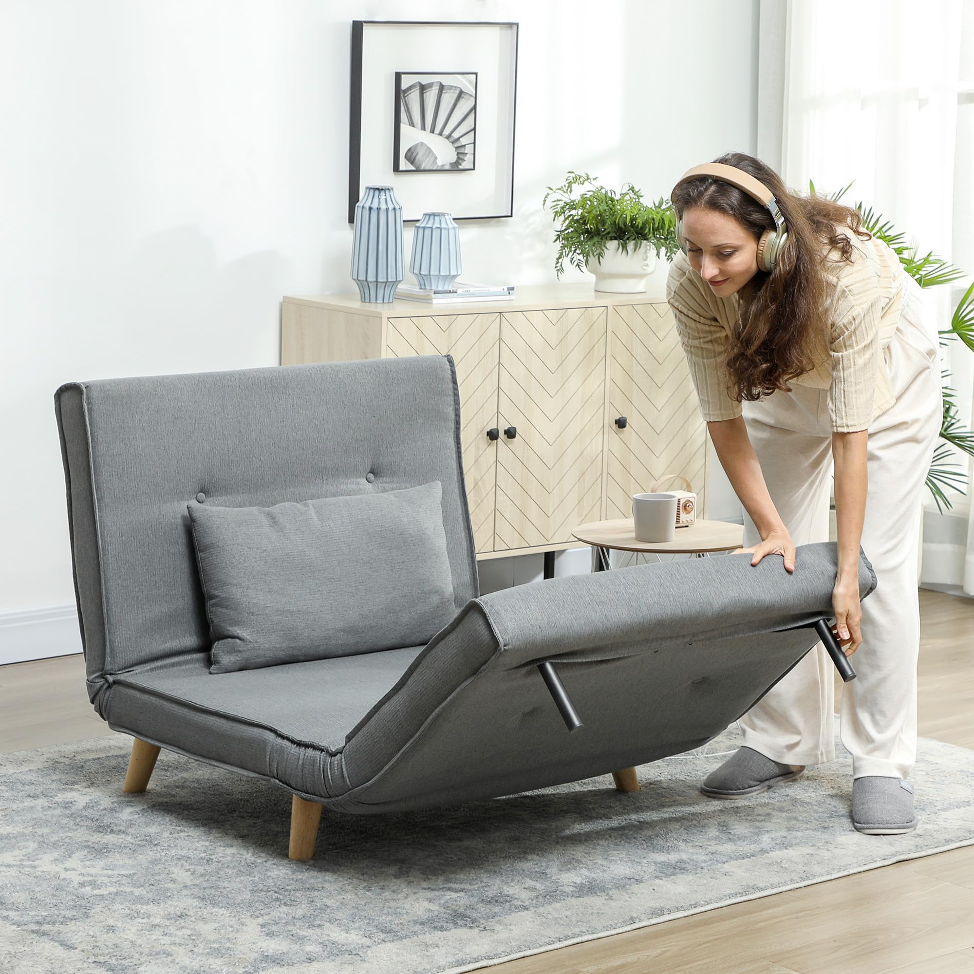 HOMCOM Sofá Cama de 1 Plaza 3 en 1, Sillón Cama Plegable Tapizado en Lino Sintético, con Respaldo Ajustable en 6 Niveles, Almohada, Asiento Ancho, Patas de Madera, 90x78x79 cm, Gris