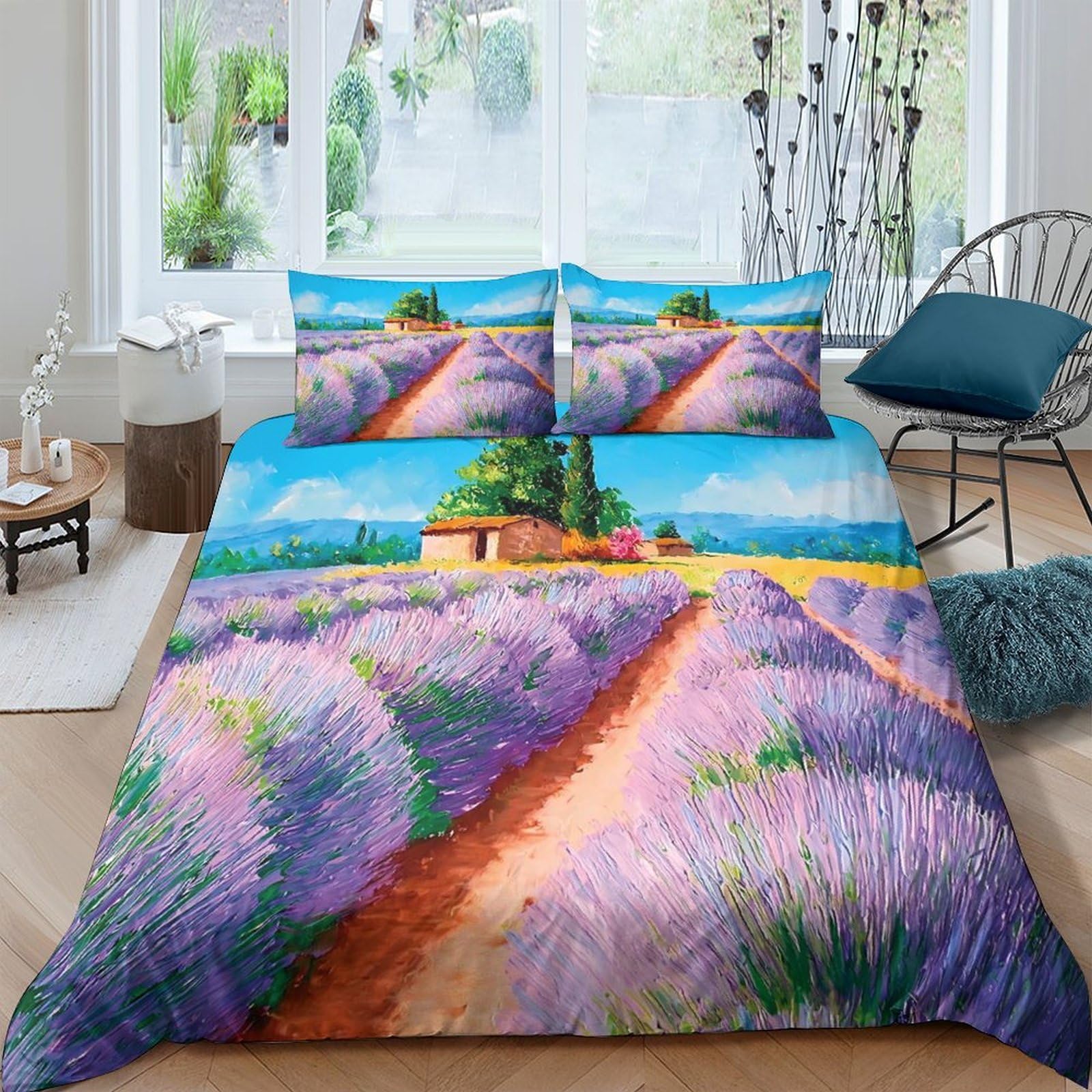Ctjqhvkz Style-5 3D Printed Lavender Field Fitted Sheet Microfiber Soft Purple Landscape Bed Cover For Bedroom Guestroom Decor Single（135X200cm）