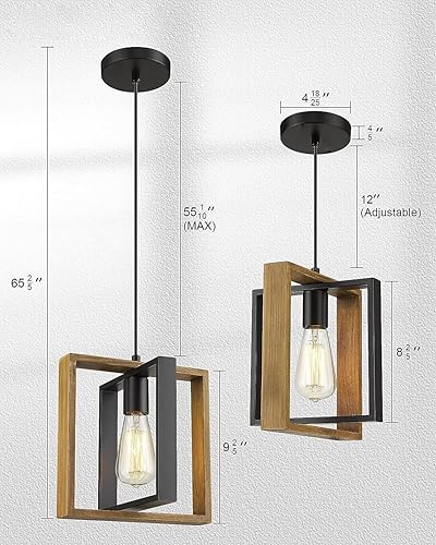 Miniatura 5 de Lámpara colgante negra moderna, lámpara colgante ajustable, luces colgantes para isla de cocina (2 paquetes de luz colgante de madera y metal)