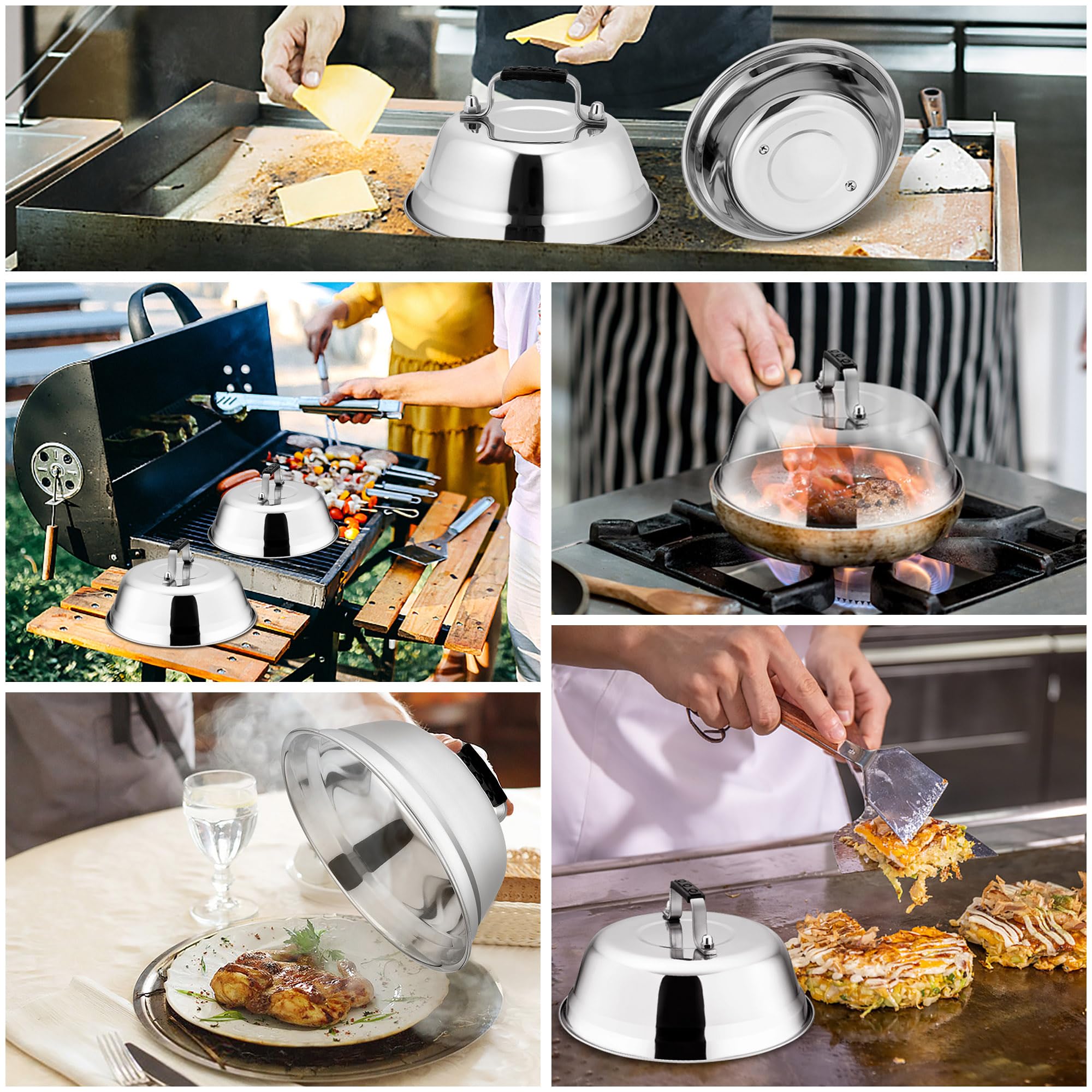 HaWare Dzwonek do burgerów, 2 sztuki, stal nierdzewna, z gumowym uchwytem, do grilla, steków, serów, teppanyaki, na zewnątrz i wewnątrz, nadaje się do mycia w zmywarce – 16,8 x 6 cm