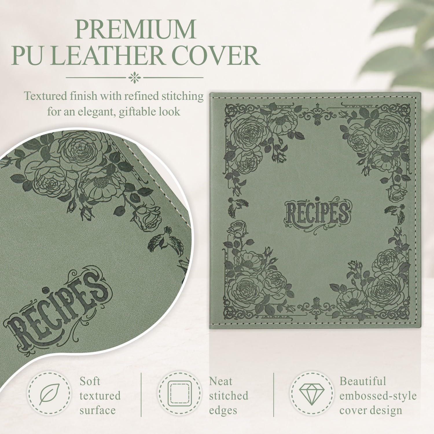 COFICE Kit raccoglitore per ricette, 4 x 6 carte, maniche e divisori, verde scuro | Kit raccoglitore per ricette in pelle PU con 40 carte, 20 buste e 12 divisori