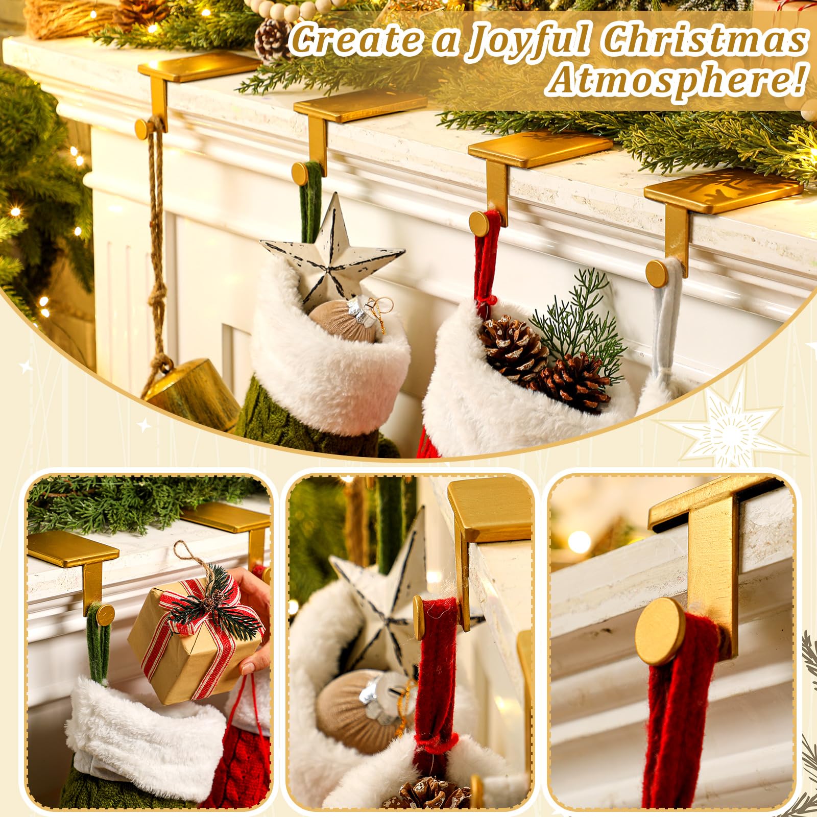 Landhoow 4 Pcs Christmas Stocking Hangers - Heavy Duty Wrought Iron Mantel Hooks With Protective Pads (Black)