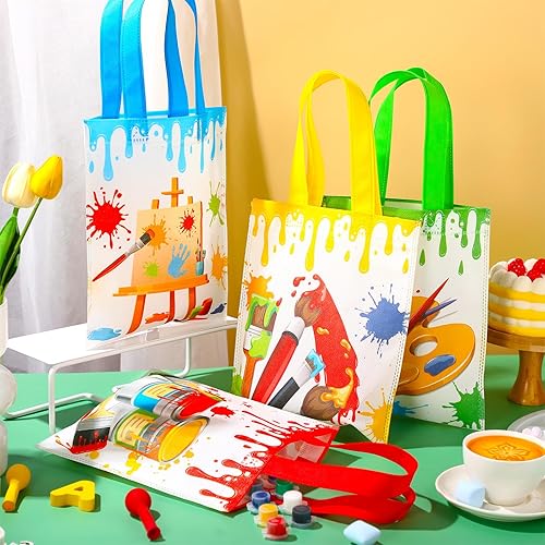 Miniatura 4 de Sweetude 24 bolsas de regalo para fiestas artísticas, bolsas de regalo de pintura no tejida con asas, decoraciones de fiesta de salpicaduras de