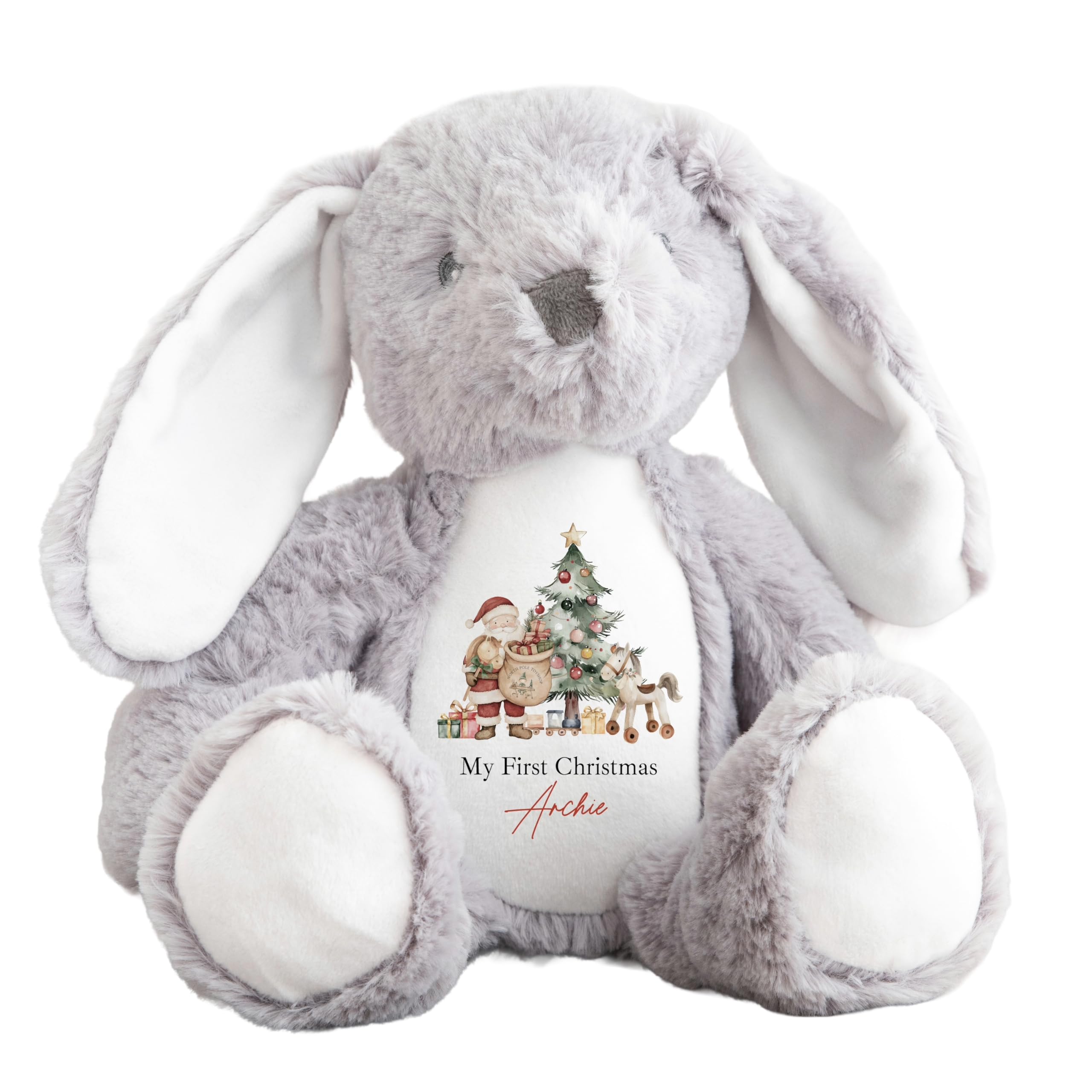 allaboutthebump Personalised My First Christmas Santa & Co Plush Toy, White Grey Reindeer Penguin Bunny, 23-34cm Soft Cuddly Animal with Custom Name Print, Baby Gift Keepsake (Bunny: Grey)