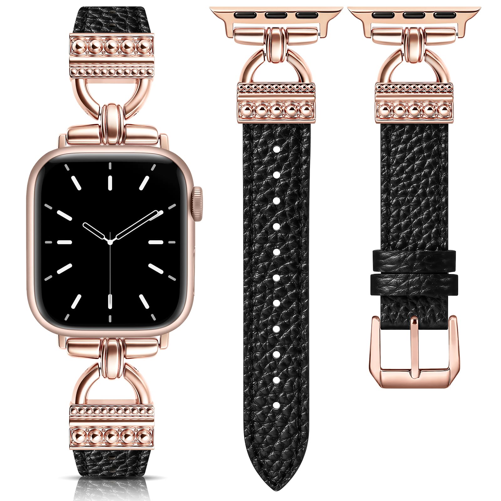 TOYOUTHS Compatible with Apple Watch Band Women Leather 49/46/45/44/42/41/40/38mm Dressy Thin Leather Strap Designer D-Shaped Metal Buckle Bracelet