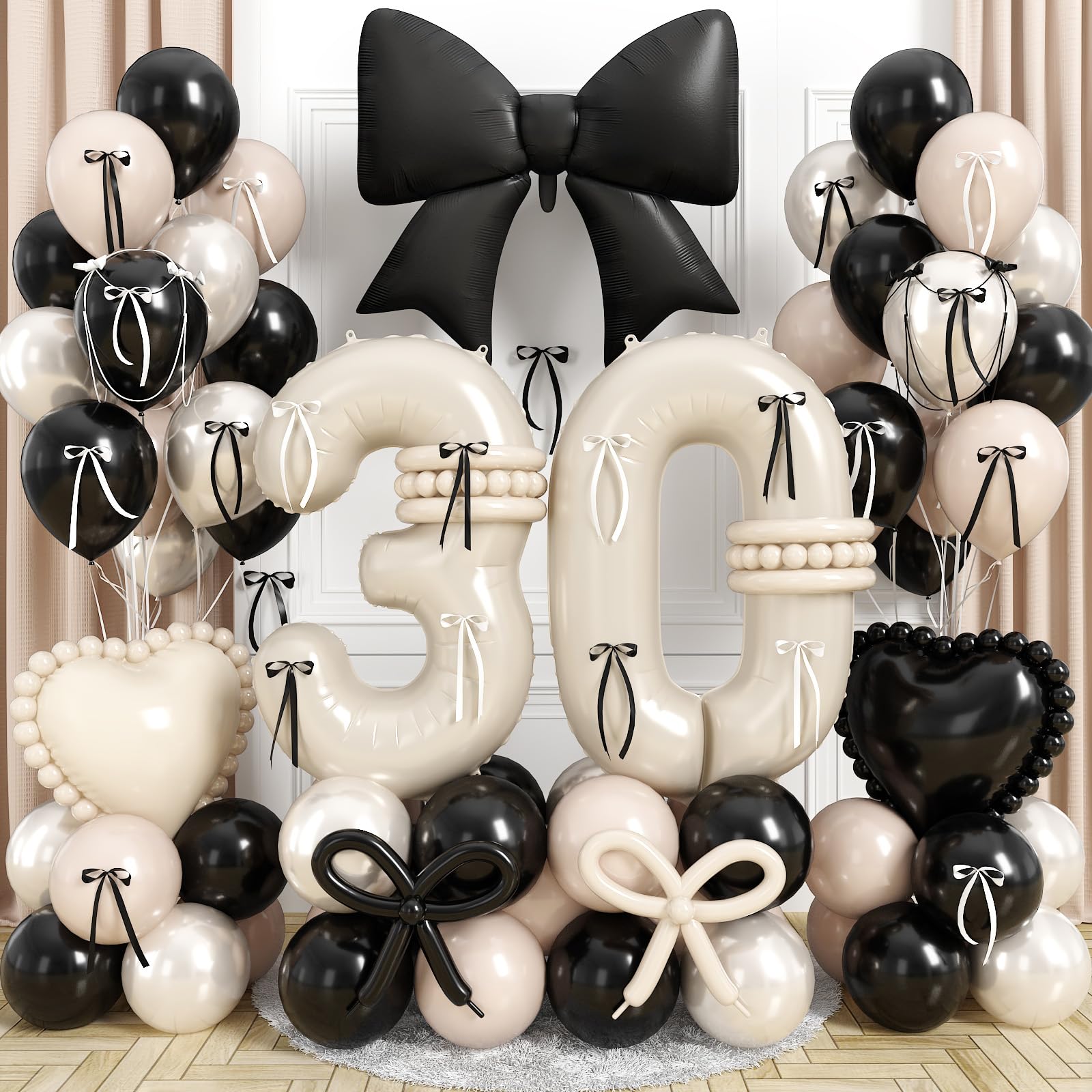 Beige Balloon Number 30 for 30th Birthday Decorations Women, Double Stuff Pearl White Black Cream Latex Balloon Bow Heart Balloon for Her Coquette 30 Year Old Birthday Anniversary Party Decoration โ image 1