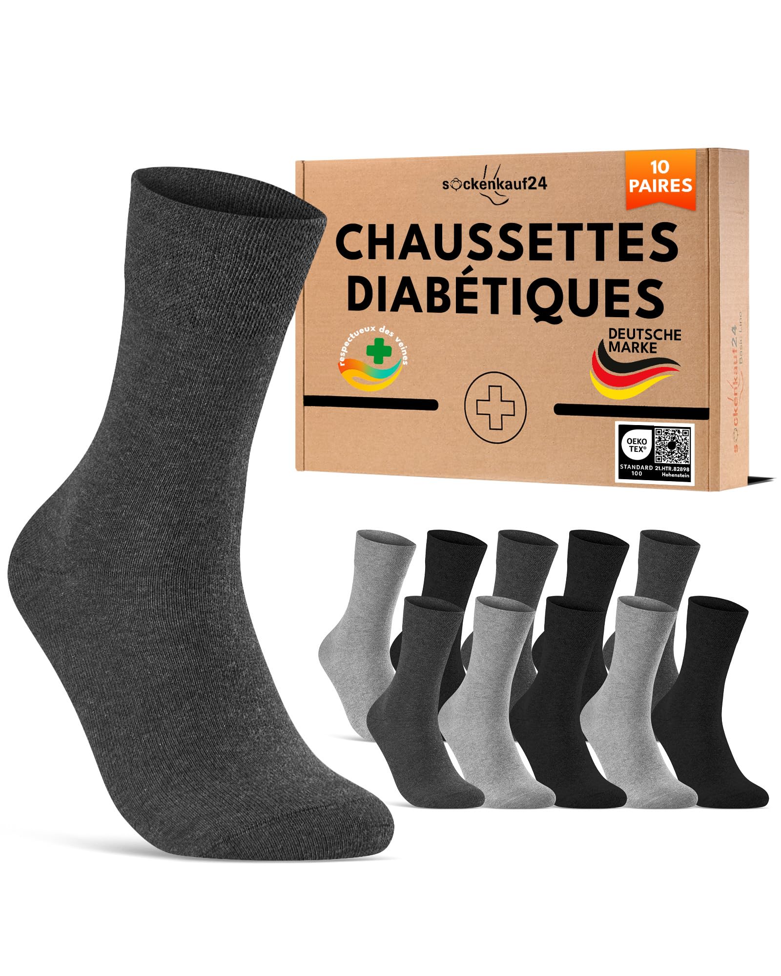 Lot de 10 Paires Chaussettes Diabetiques Homme Femme Coton sans Elastique & sans Couture