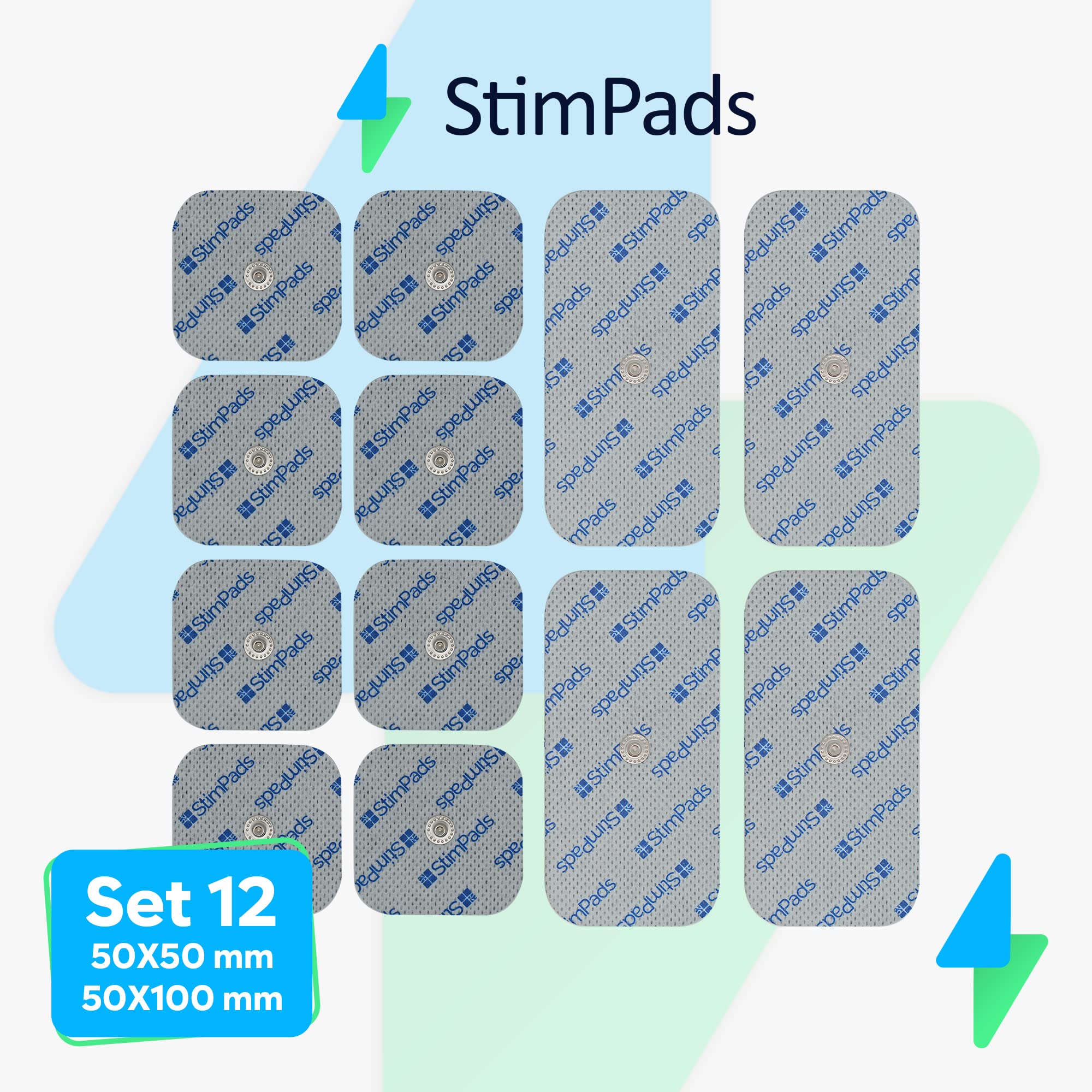 EMS und TENS Elektroden Pads kompatibel mit Compex-Geräte - Mix 12er-Pack 50X50 und 50X100mm mit einzelnem 3,75mm Easy Snap Klebeelektroden - Zertifiziertes Medizinprodukt von Motron NV