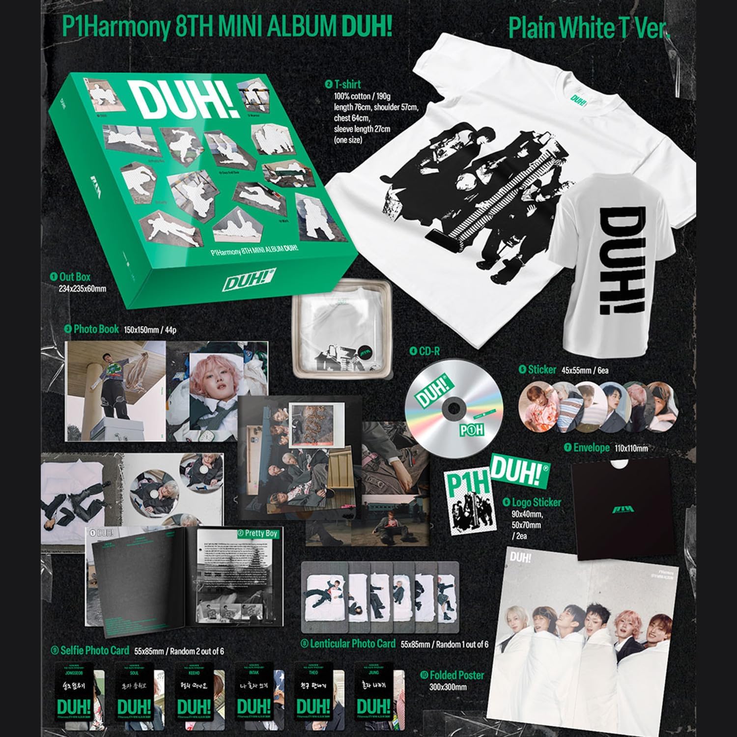 P1Harmony — DUH! 8th Mini Album — MD / Plain White T Ver. — All Set Inclusions + 4 Extra Premium Photocards