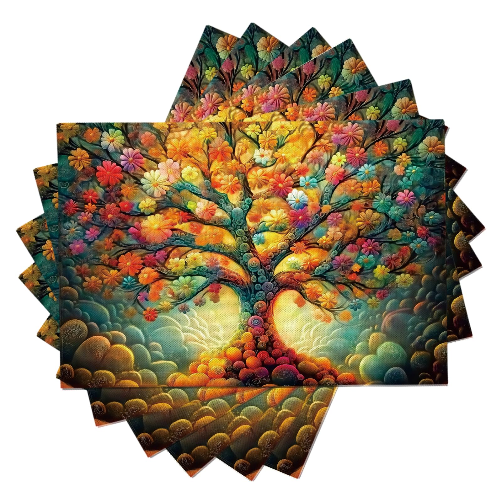 Set di 8 Tovagliette Americane Lavabili Cotone Lino Paesaggio psichedelico - Tovaglietta Americana Resistenti al Calore Durevole Fiori e foglie - per Colazione Pranzo 30×45 cm