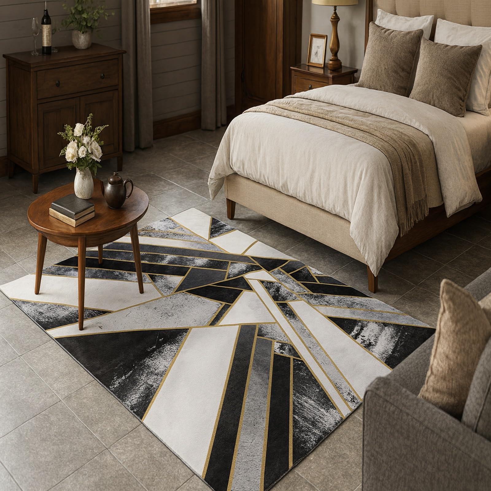 Tapis de salon poil ras noir moderne géométrique 180x270 grand tapis