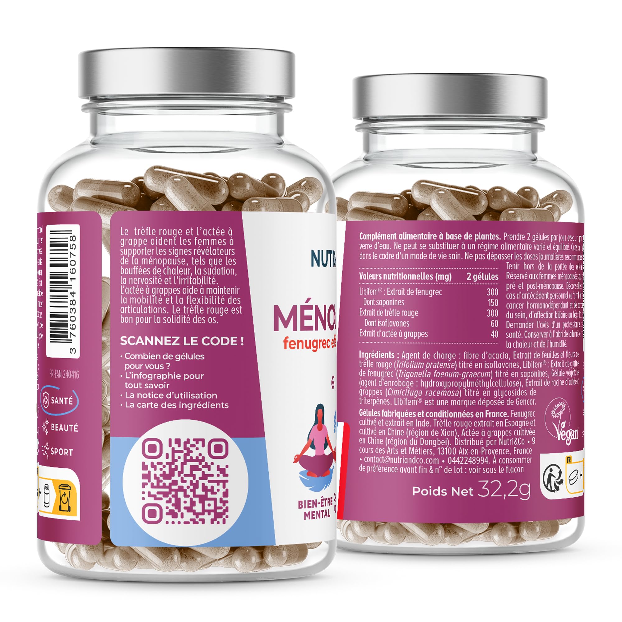 NUTRI & CO Ménopause et Pré-Ménopause BIO-Actif - Sans Hormones 100% Naturel - Libifem® Extrait de Fenugrec - Bouffées de Chaleur et Troubles de l'Humeur - 60 Gélules Vegan - Fabriqué en France