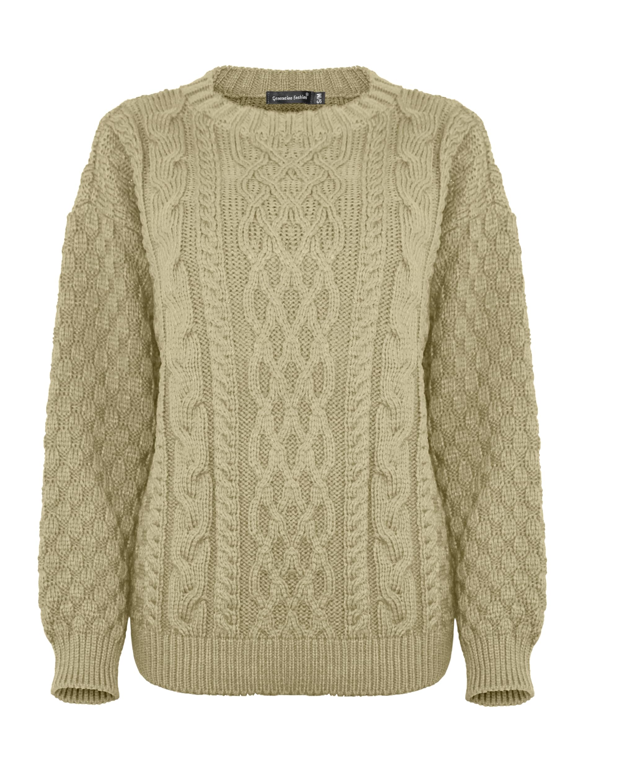 Generation Fashion New Women Ladies Crew Neck Knitted Long Sleeves Warm Chunky Sweater Formal Everyday CasualCable Knit Jumper Tops Pullover[Beige,S-M]