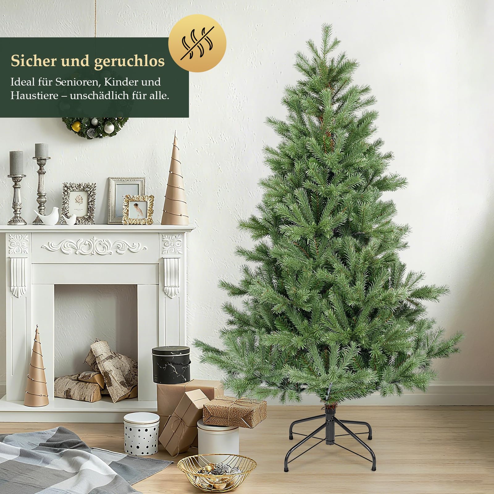 SALCAR Künstlicher Weihnachtsbaum 150 cm aus 90% PE Spritzguss, Premium Nordmanntanne, realistischer Christbaum mit Schnellaufbau Klappsystem