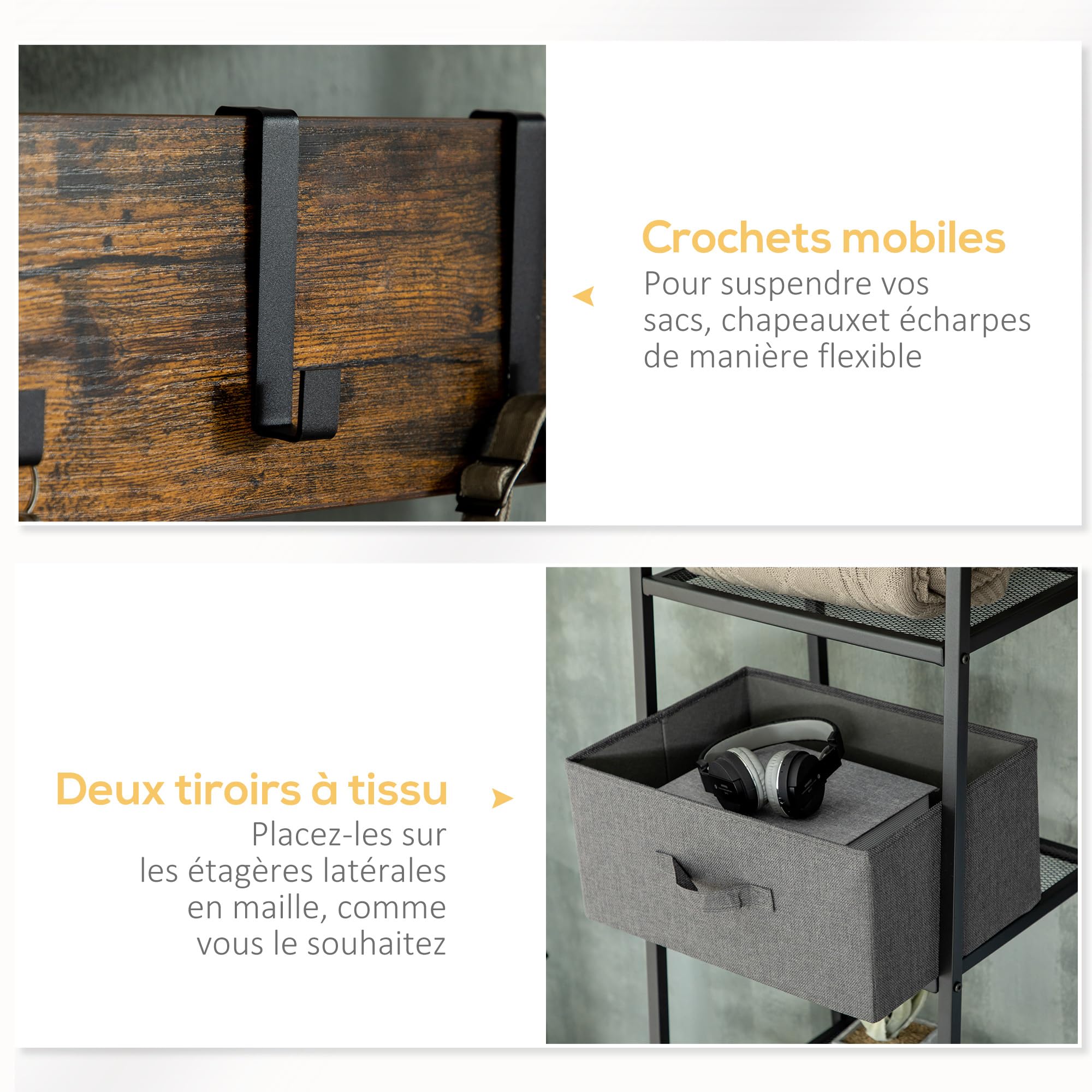HOMCOM Porte-Manteau Vestiaire 125 x 43 x 185,5 cm Gris Brun Rustique | Meuble d'Entrée Style Industriel, Banc à Chaussures, Étagères, 5 Crochets Détachables, 2 Paniers en Tissu, Acier Bois