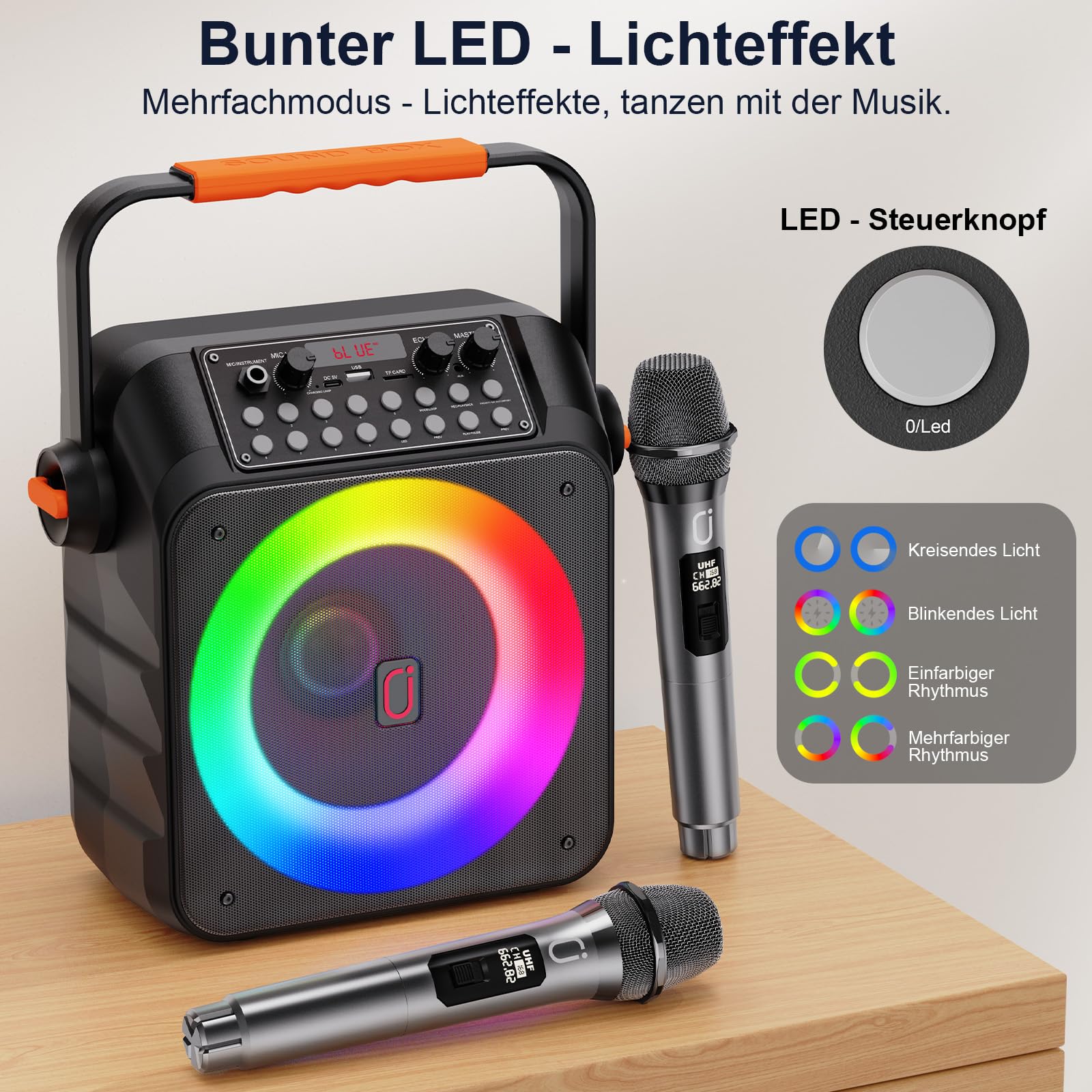 HWWR Karaoke Maschine mit 2 drahtlosen Mikrofones, Tragbaren Karaoke Anlage Lautsprecher mit RGB-Licht für Hausparty, PA-System für ErwachsenePartybox Unterstützt,TWS