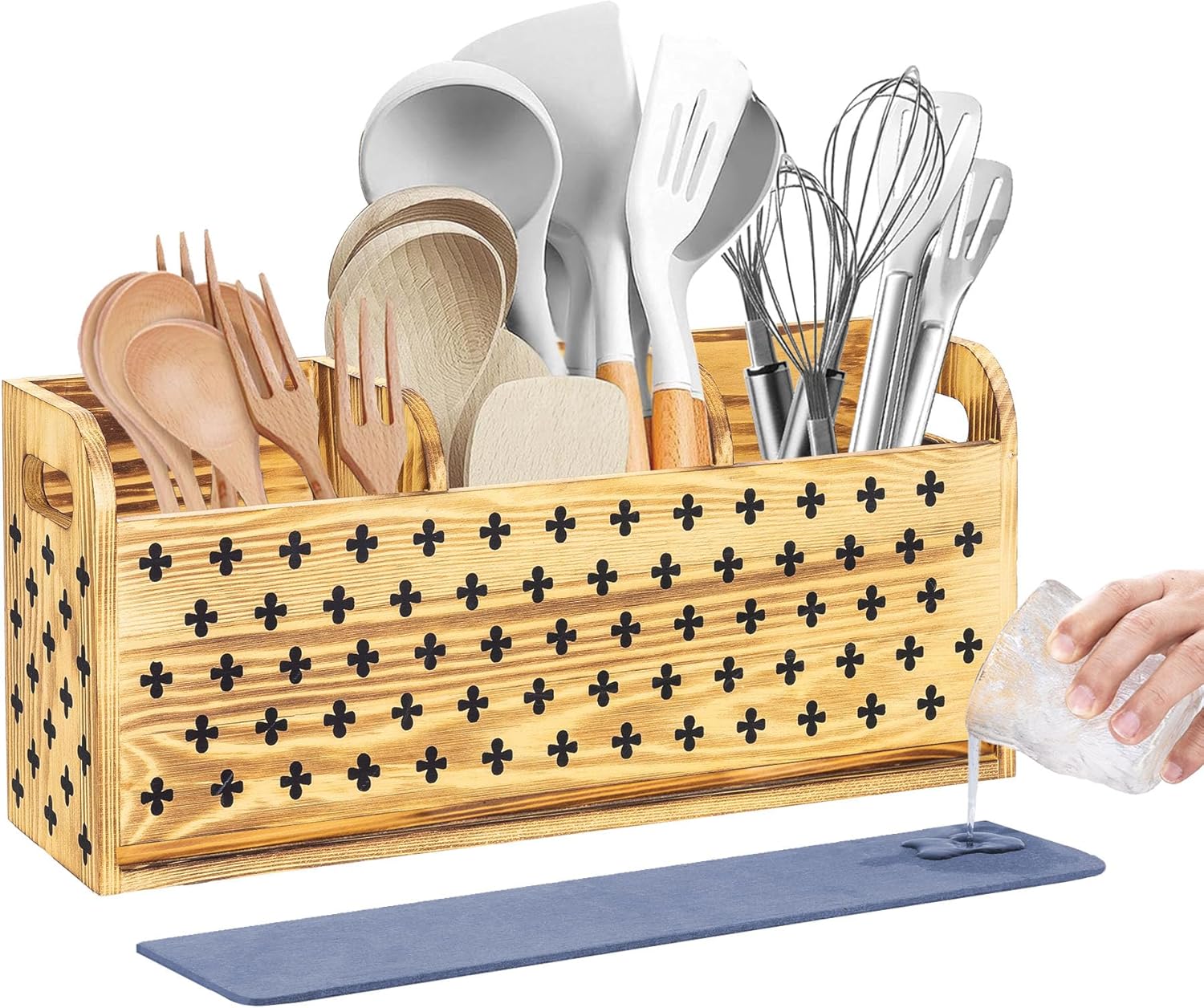 Kitchen Wooden Utensil Holder for Kitchen Countertop Decor 3 Compartments Farmhouse Indoor Utensil Organizer with Removable Absorbent Cushions (Clover)
