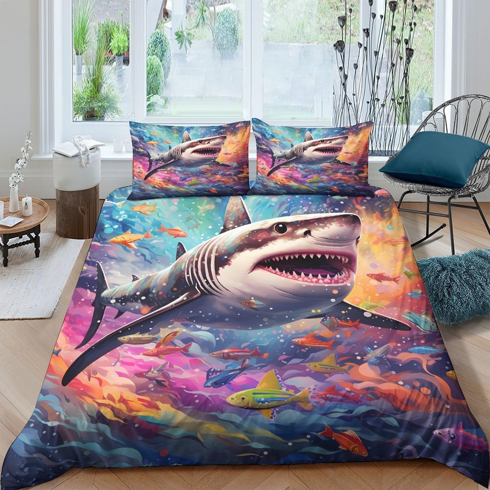 GPLZQXKJNH 3D Printed Shark Ocean Duvet Cover Set Microfiber Soft Multicolor Underwater Quilt Cover with 2 Pillowcases for Bedroom Decor Single（135x200cm）