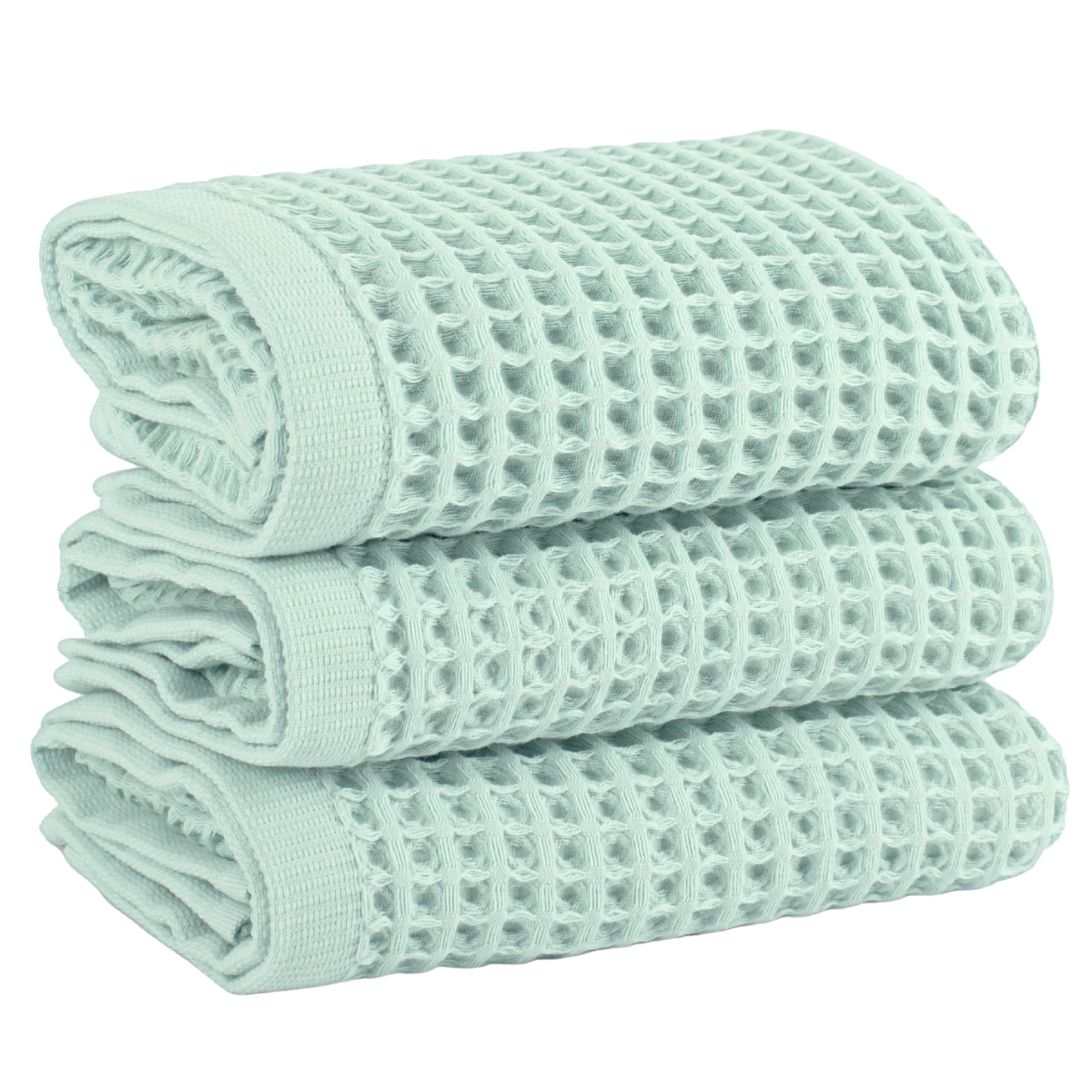 PÜSKÜL Natural 100% Turkish Cotton Waffle Kitchen Towels Set of 3 | Oeko-Tex, Premium Waffle Hand Towels for Bathroom | Soft Absorbent Quick-Dry Lint-Free Dish Towel Large 32x16 inch (3, Ice Green)