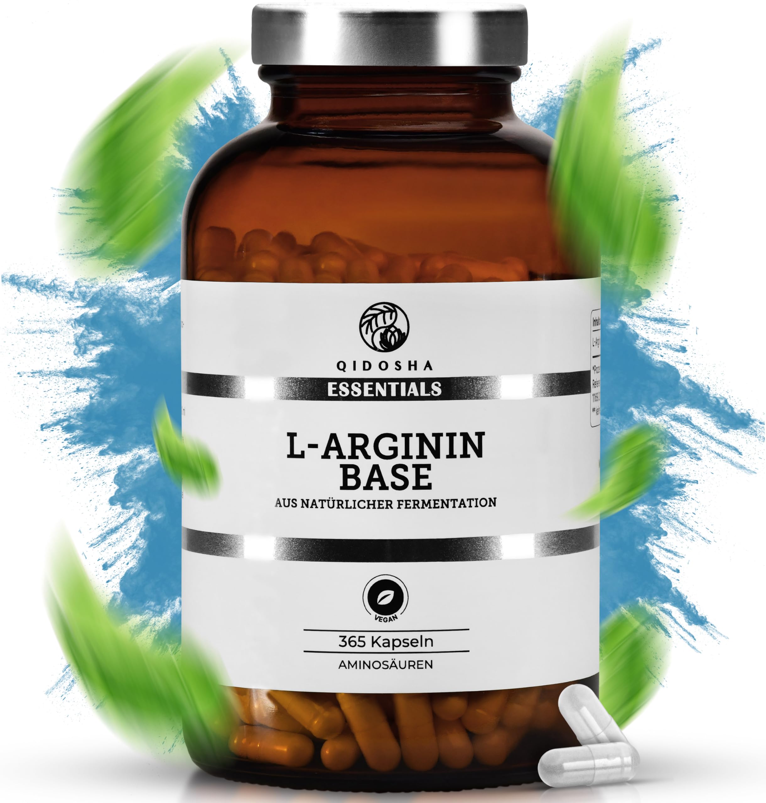 QIDOSHA® Premium L Arginin Base (nicht einfaches HCl), 365 Stk/Glas, 500mg je Kapsel, rein pflanzliche Aminosäure aus Topinambur und Zuckerrohr gewonnen, jede Charge laborgeprüft