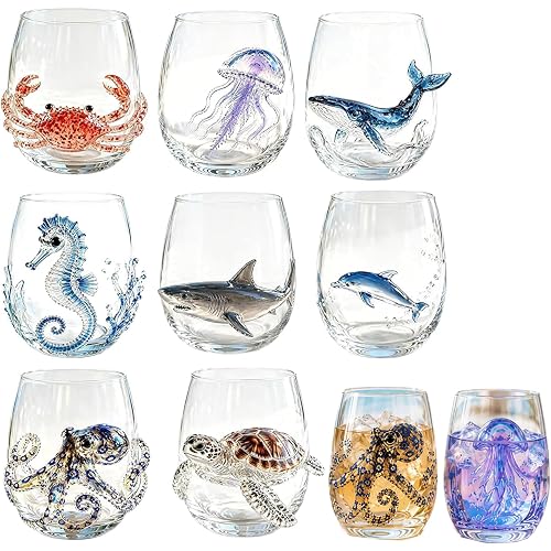 12oz Artisanal Blue Ringed Octopus Glassware, 3D Ocean Animal Artisan Glassware Collection, Handcrafted Marine Animal Bar Glass, Octopuses Stemless Wine Glasses Coastal Home Decor Gift (MIX-8PCS)