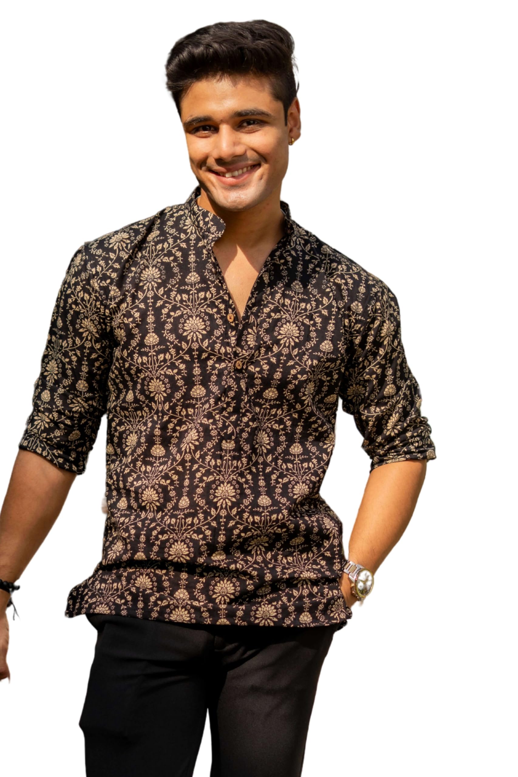 shasak The Black Short Kurta with Beige Dabu Print(S-10XL)-picture-37
