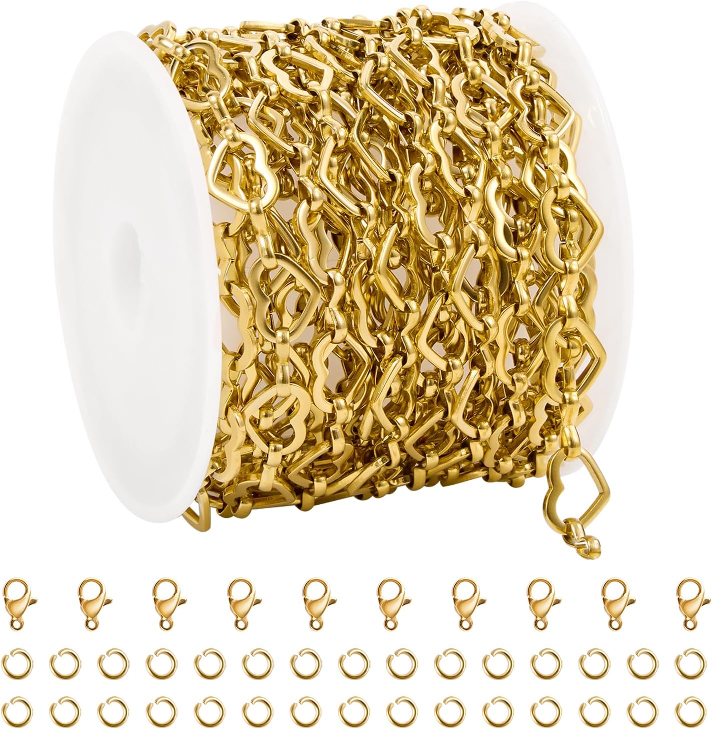UMAOKANG 3 Meters Gold Plated Stainless Steel Chains for Jewelry Making Hollow Heart Chain Bulk on Spool with Jump Rings and Lobster Clasps