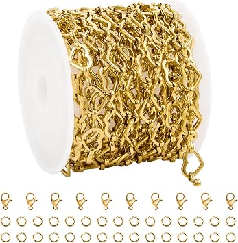 UMAOKANG 3 Meters Gold Plated Stainless Steel Chains for Jewelry Making Hollow Heart Chain Bulk on Spool with Jump Rings and Lobster Clasps